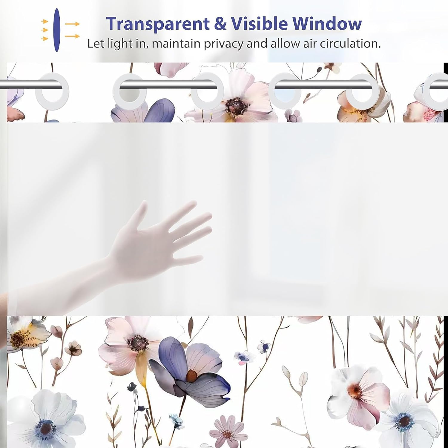 No Hook Shower Curtain 54 x 80 Inch, Watercolor Floral Water-Proof Fabric Inner Liner, Plants Blue Beige Flowers White Cloth Shower Curtains & Mesh Top for Home & Hotel Bath, Washable