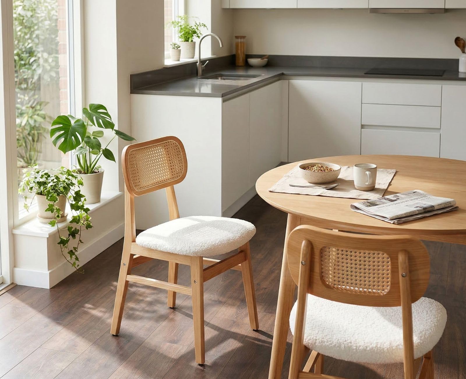 Ya-Home Juego de 2 Sillas de Comedor de Madera Cojin Lana sintética, Beige | Silla Cocina Rattan,Lana sintética, Patas y Respaldo Madera, Cojin Comodo, para Hogar/Restaurante
