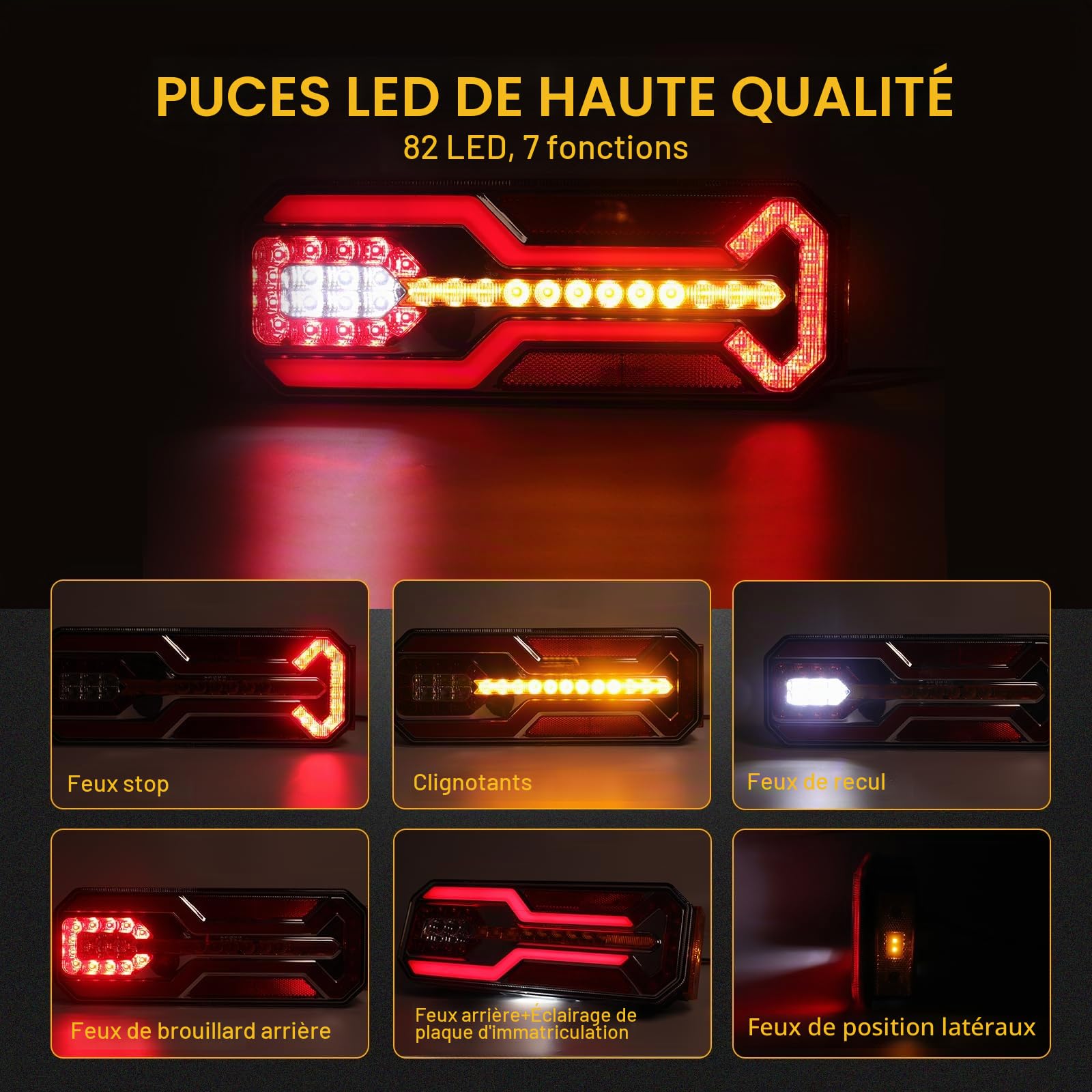 AOHEWEI 2 Feux Arrière LED pour Camions 12V/24V Super Lumineux Étanches - Feux de Position, Clignotants, Stop, Recul, Anti-Brouillard et Marqueurs Latéraux pour Remorques Poids Lourds Caravanes Fourgo