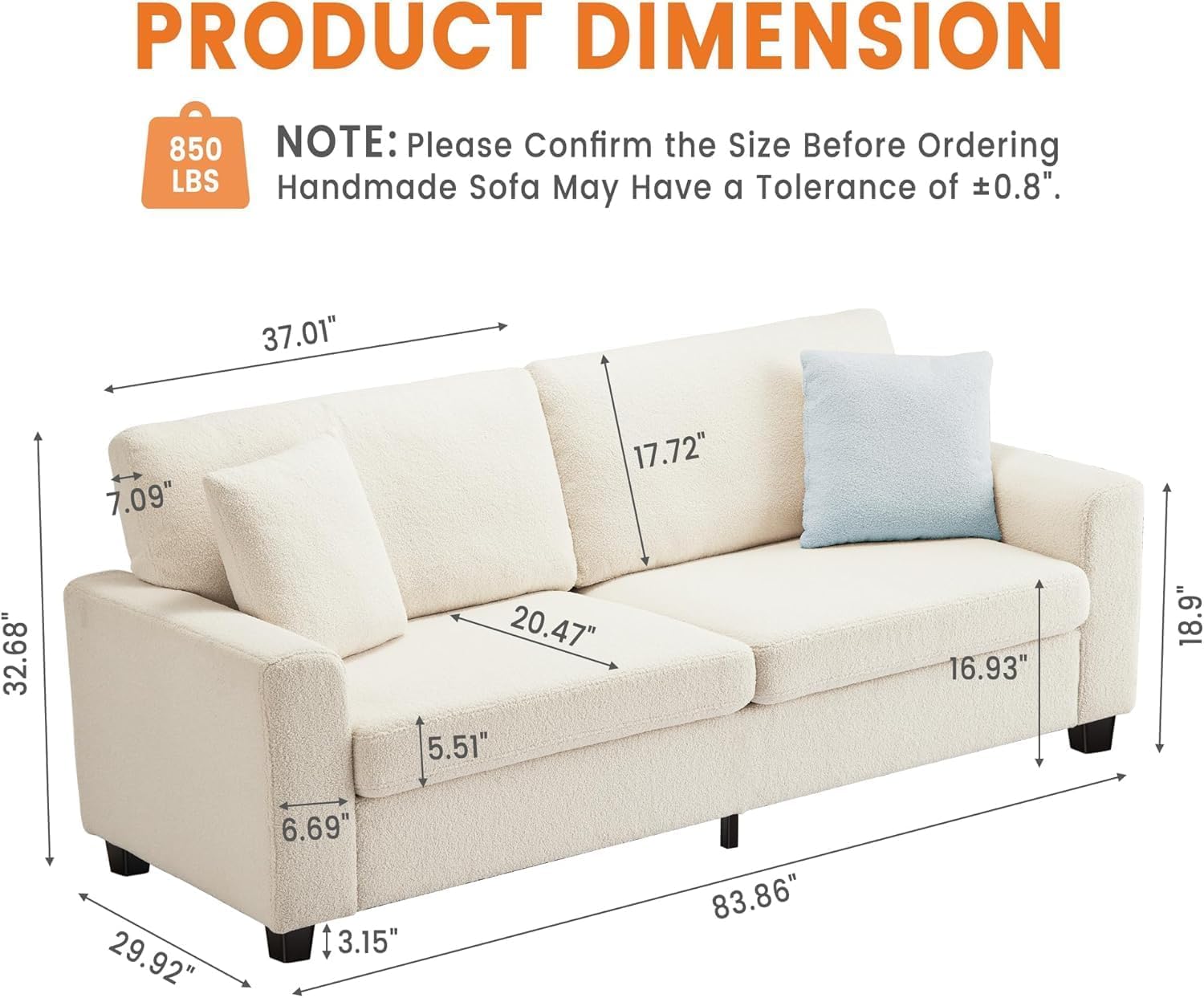 Amenitlif 83 Inches Modern Sofa ?Comfy Teddy Velvet Sofa with Deep Seats? Deep Seat Loveseat Couch with Removable Washable Cover, Cozy Comfort Loveseat, for Living Room, Bedroom, Office?Beige