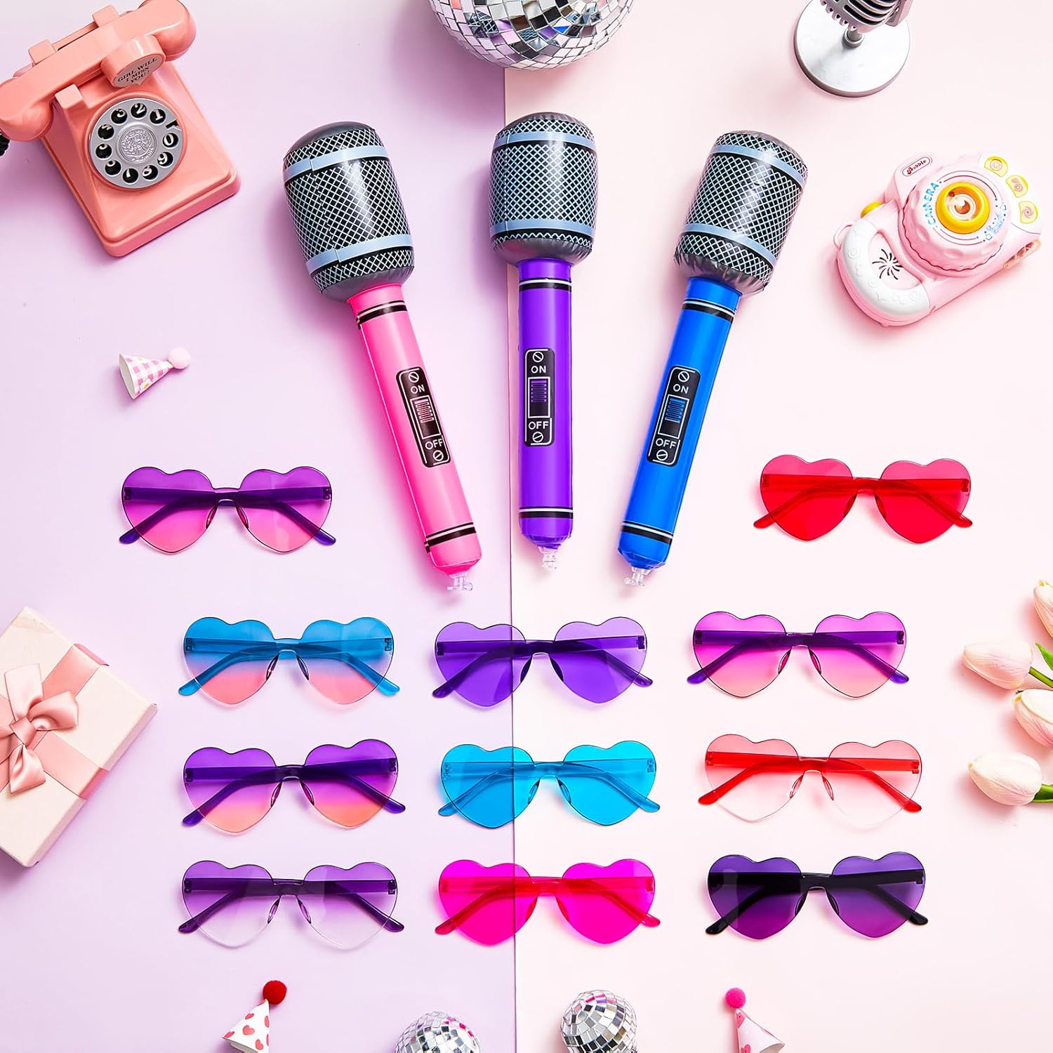 12 Set K-pop Party Favors Includes Inflatable Microphones and Heart Sunglasses K-pop Music Theme Party Favors 80s 90s Cosplay Stage Decoration Supplies(Rose Red, Lake Blue, Purple)