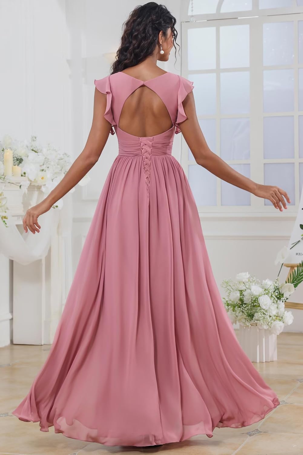 Maxianever Bridesmaid Dresses Chiffon Ruffled Sleeve Long A Line V Neck Formal Dress for Women