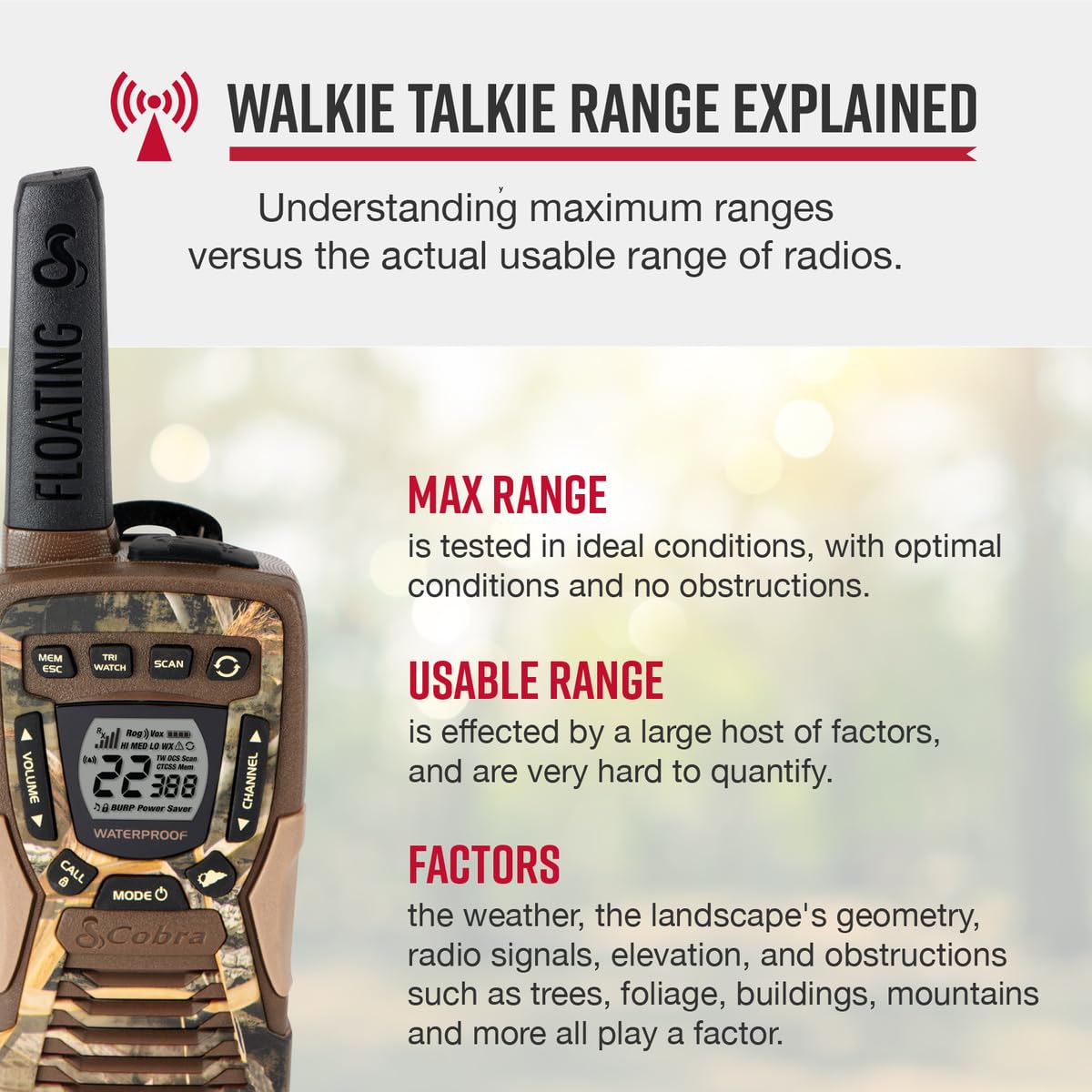 Cobra ACXT1035R FLT CAMO Waterproof Walkie Talkies - Rechargeable, Floats, 22 Channels, Long Range 37-Mile Two-Way Radio Set (2-Pack)