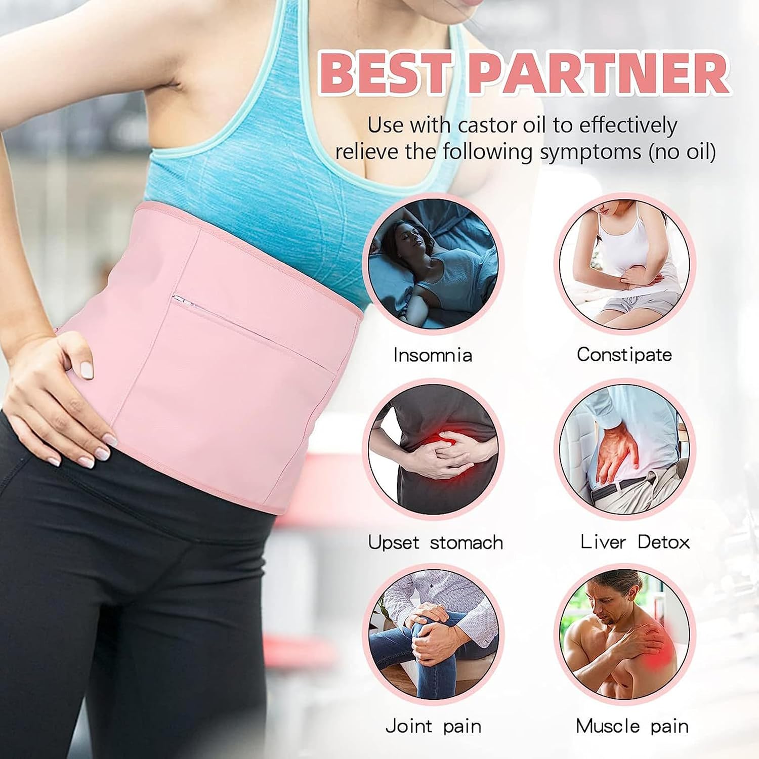 Castor Oil Pack Wrap, 4Pack Reusable Organic Castor Oil Packs Kit for Liver Detox, Waist, Thyroid Neck and Constipation with Adjustable Elastic Strap Flannel Cotton Anti Oil Leak (Khaki)