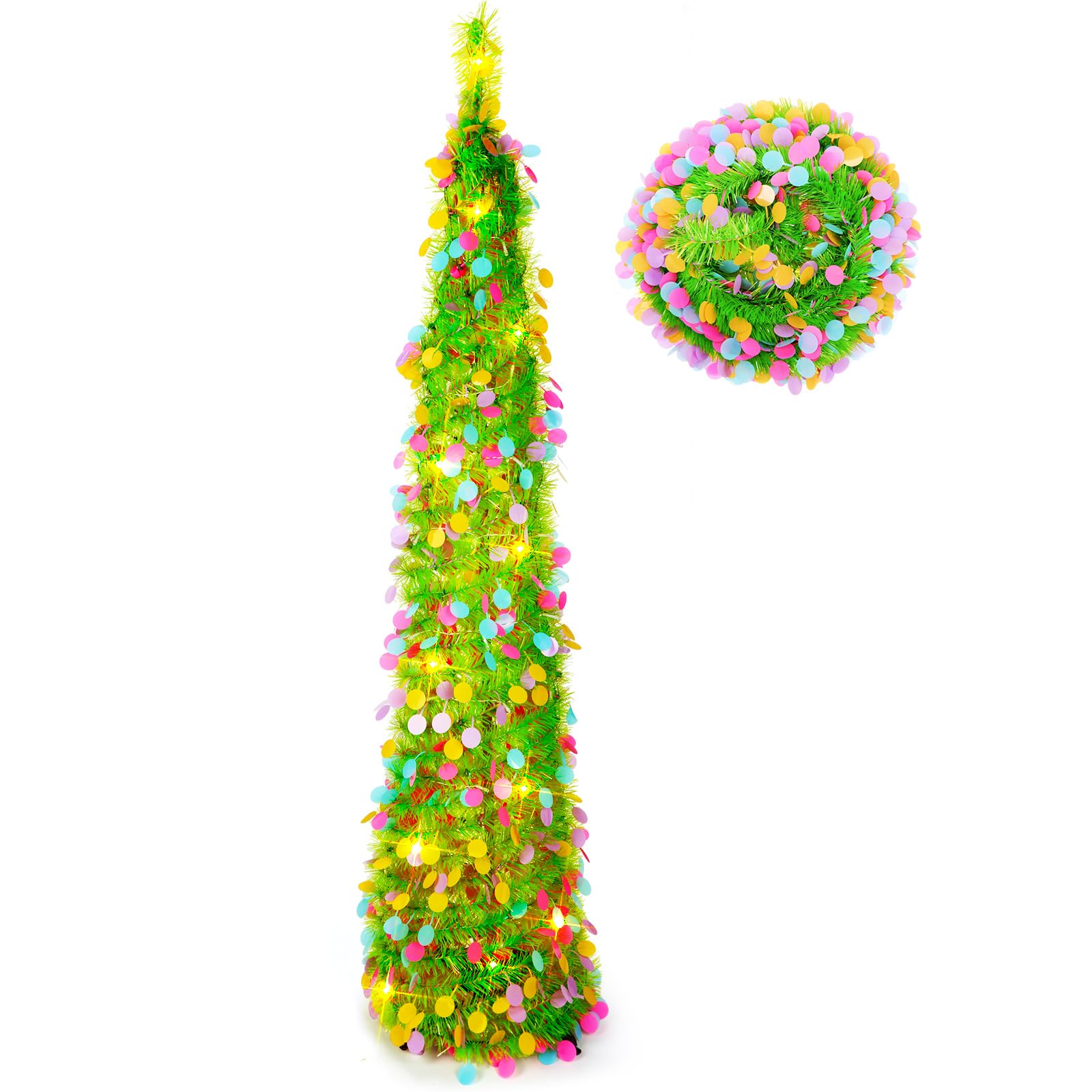 Photo 1 of 5 ft LED Easter Trees Pop up Green Tinsel Easter Trees with 50 LED String Lights Collapsible Tinsel Tree Skinny Artificial Pencil Trees for Home Decor Indoor Holiday Party Fireplace Decorations