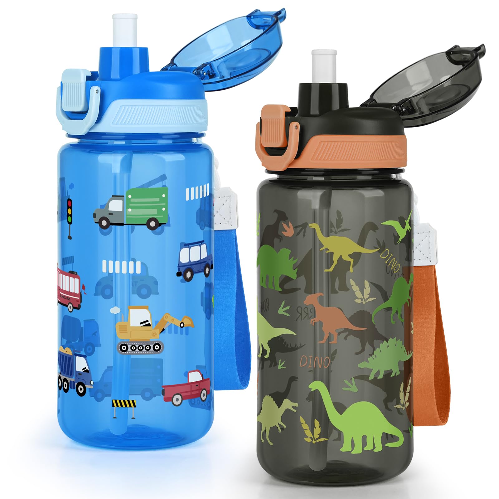 omedecal 600ml Kids Water Bottle with Pop-Up Lid & Lock, BPA-Free, 2-in-1 Removable Straw or Direct Drink Plastic Water Bottle, Dishwasher Safe, Handle Strap, Boys & Girls, Dinosaur & Transportation