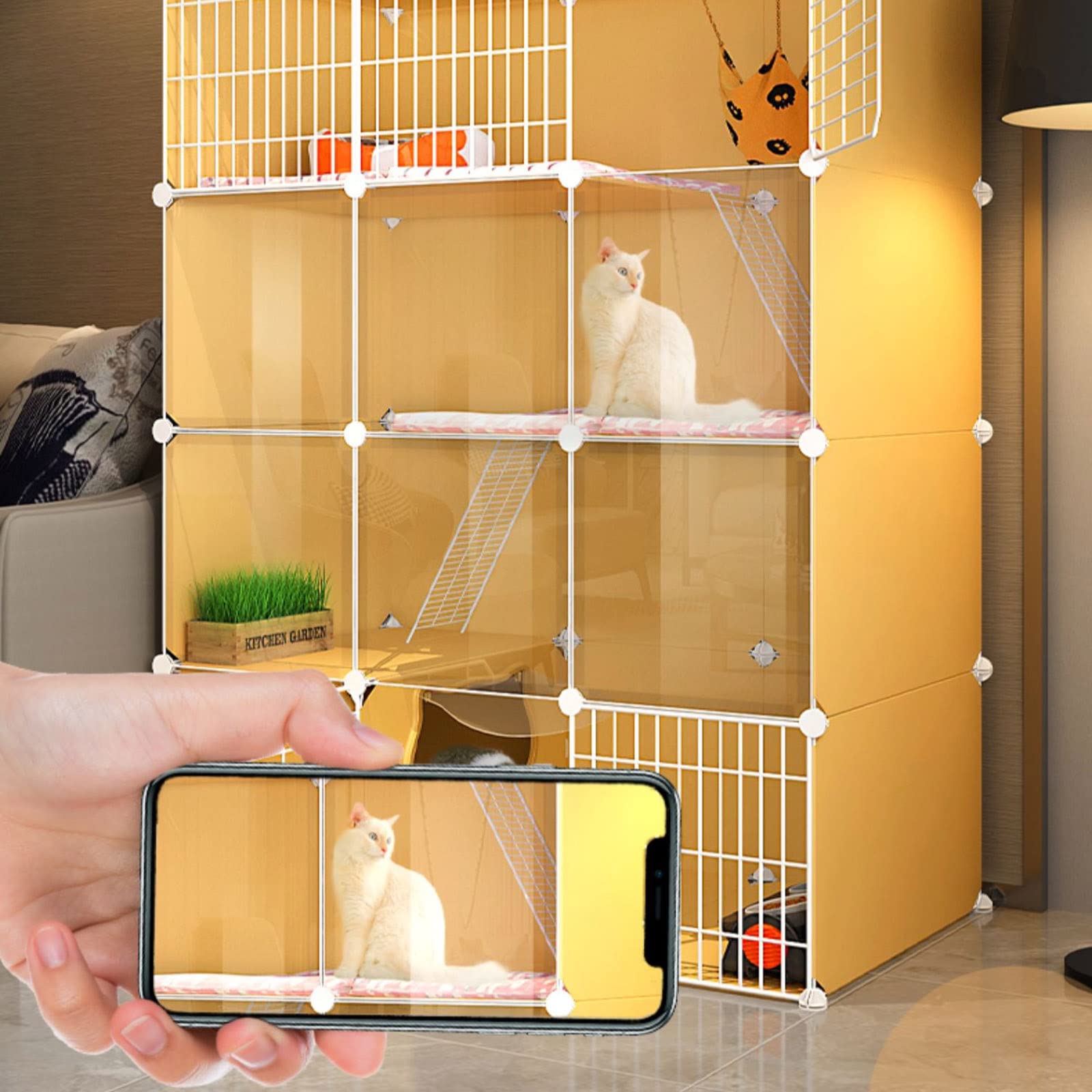 Gabbia Grande per Gatti Da Interno - Recinzione In Filo Metallico con Lettiera per 1-2 Gatti, Furetto, Cincillà, Coniglio, Piccoli Animali (Color: Yellow)