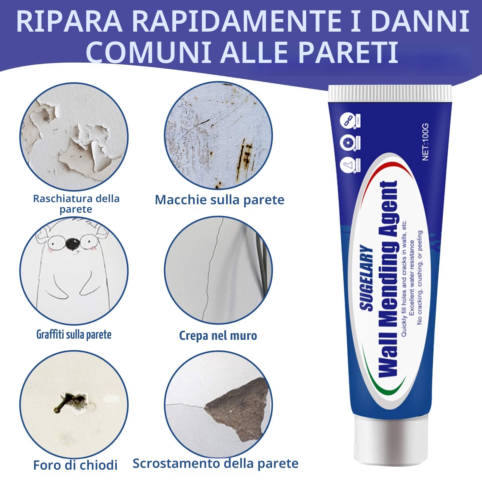 Stucco per Muro, Kits Stucco Riempitivo per Muro, Efficacemente Riparare Graffi da Parete, Fori per Unghie, Crepe, Graffiti (100g) (1pack)