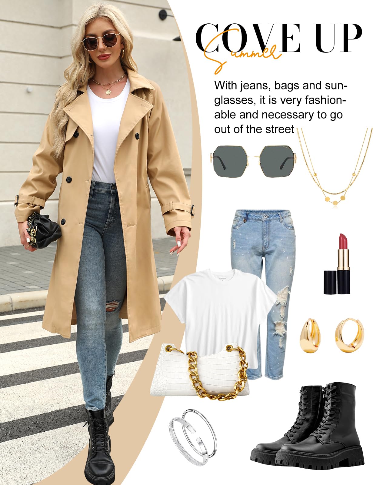 Tuopuda Gabardina para mujer Casual Abrigos con Cinturón Larga Gabardina mujer de Cuello Solapa Clásica Doble Botonadura Cortaviento Trench Chaqueta Primavera Otoño Abrigos