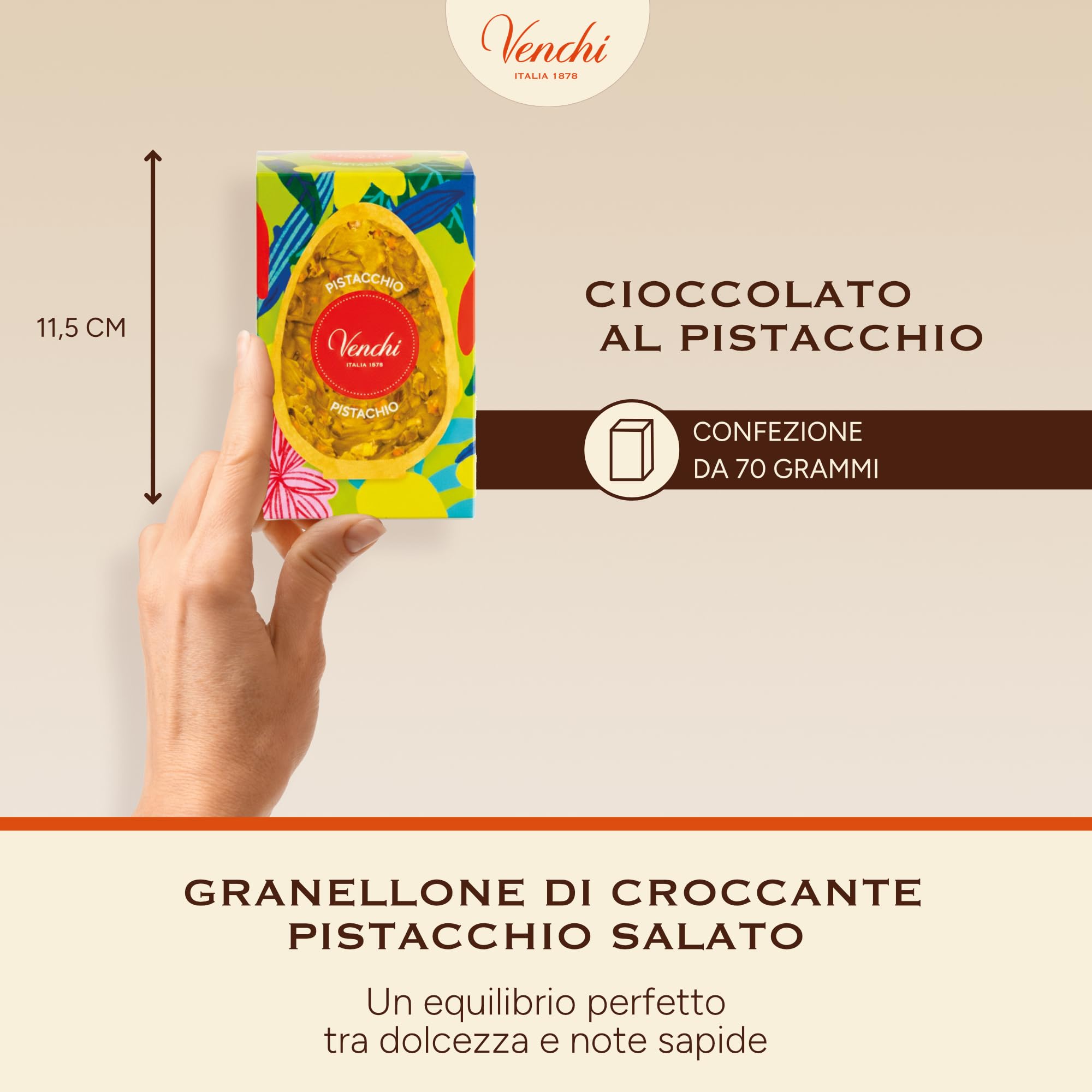 Venchi - Uovo di Cioccolato Mignon al Pistacchio Salato, 70 Gr, con Granellone di Pistacchio Tostato, Senza Glutine, Collezione Pasqua Venchi, Idea Regalo