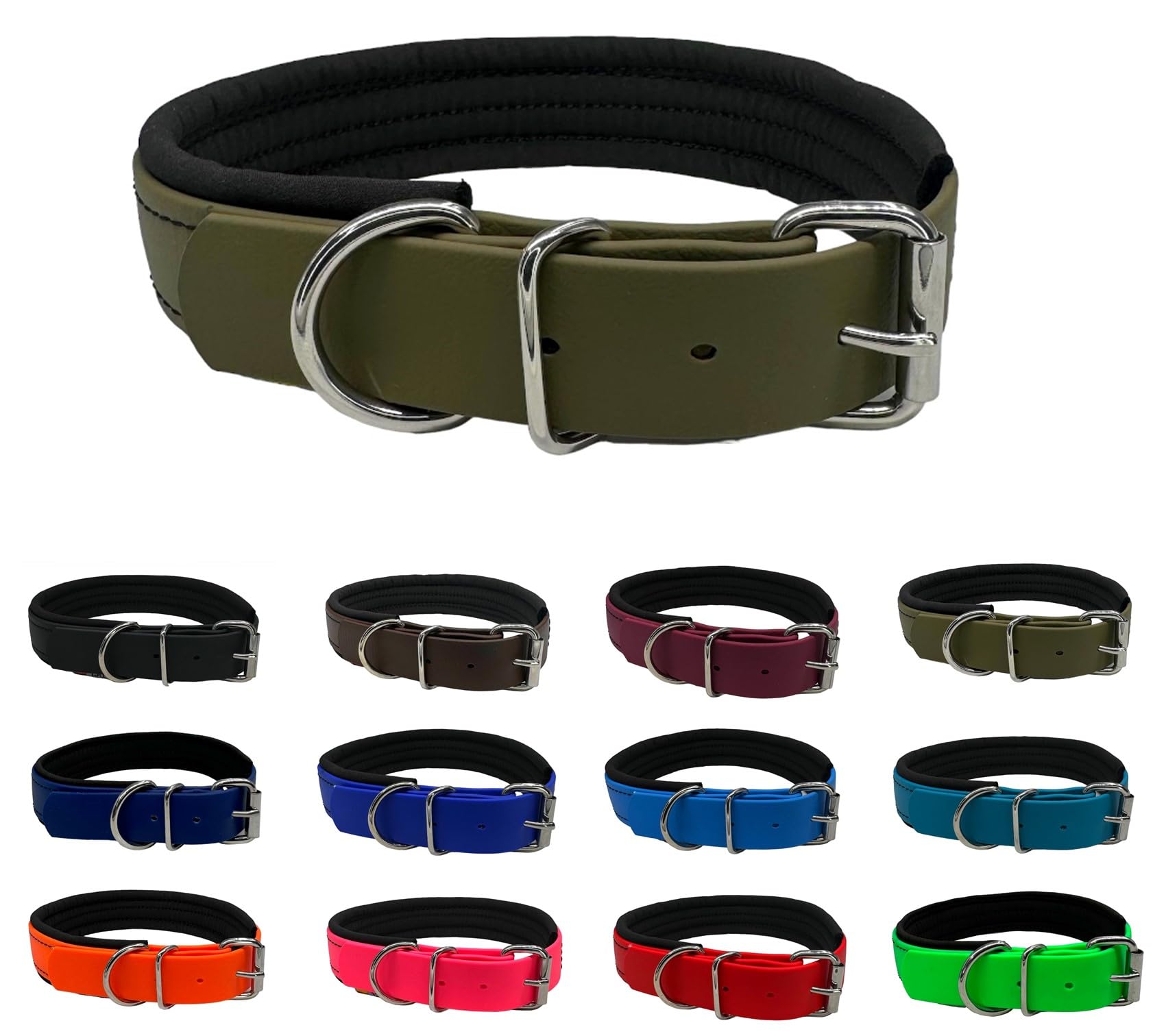 Hundehalsband Biothane verstellbar/mit Softshell gepolstert/S - XXL/Edelstahlbeschläge/wasserfest & waschbar/kleine & Grosse Hunde (Olive, M (45-50cm))