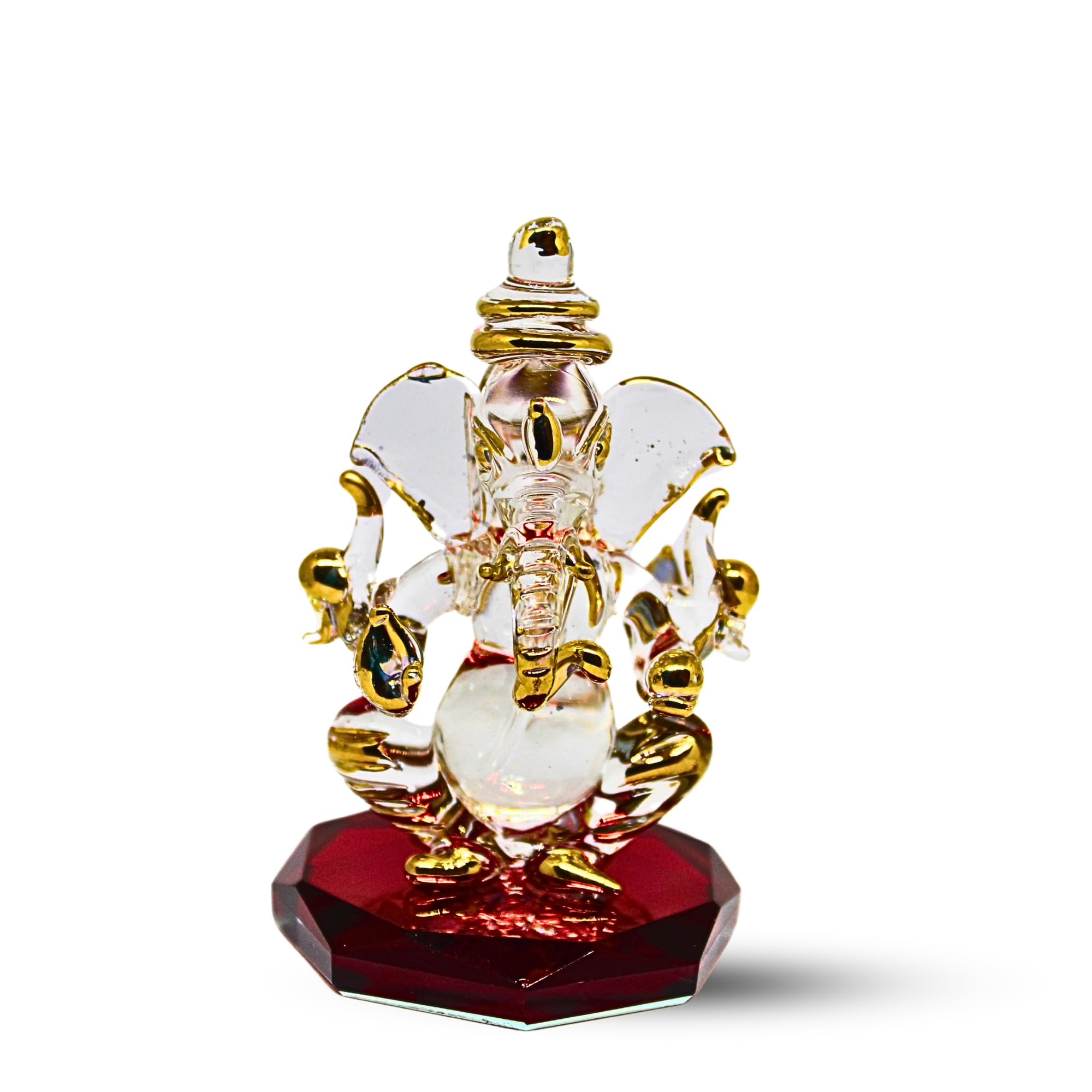 Crystal Glass Gold Plated Double-Sided Lord Ganesha Idol (8x5x5 cm) for Car Dashboard, Home Decor, and Gifts - Ideal for Housewarming, Diwali. (Red)