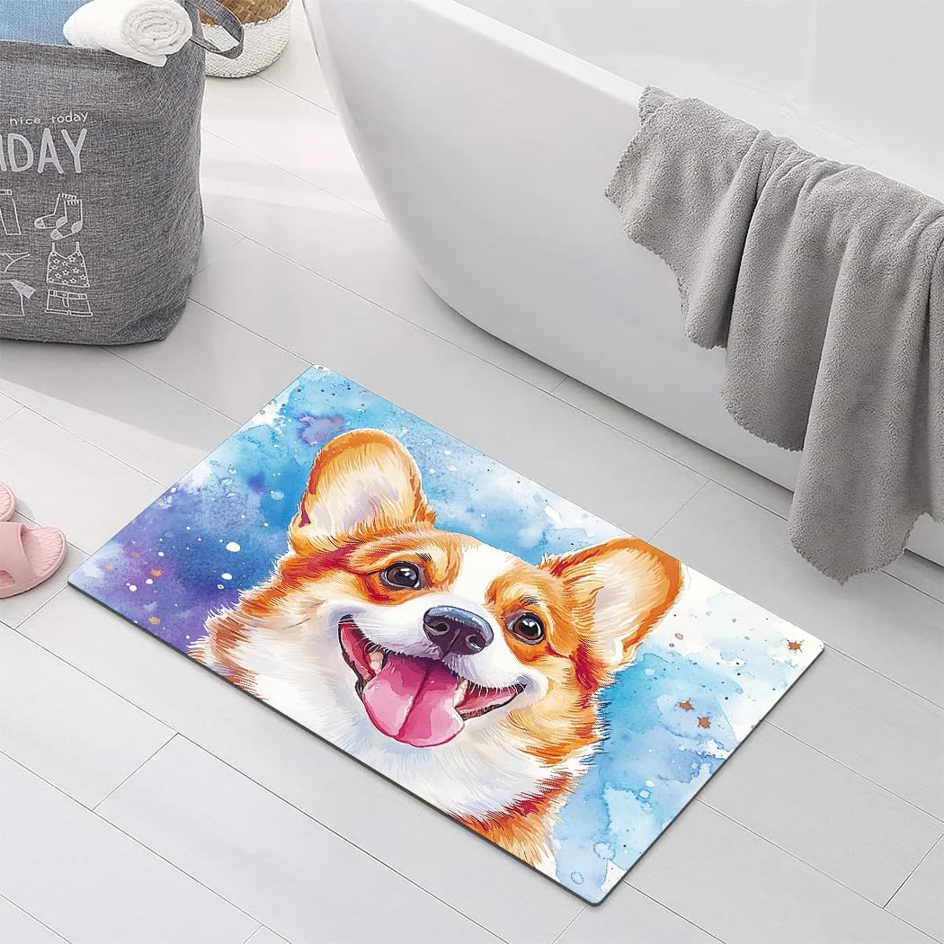 Watercolor Corgi Printed Bathroom Rug Non - Slip Washable Rubber - Backed Floor Mat 16"x24"