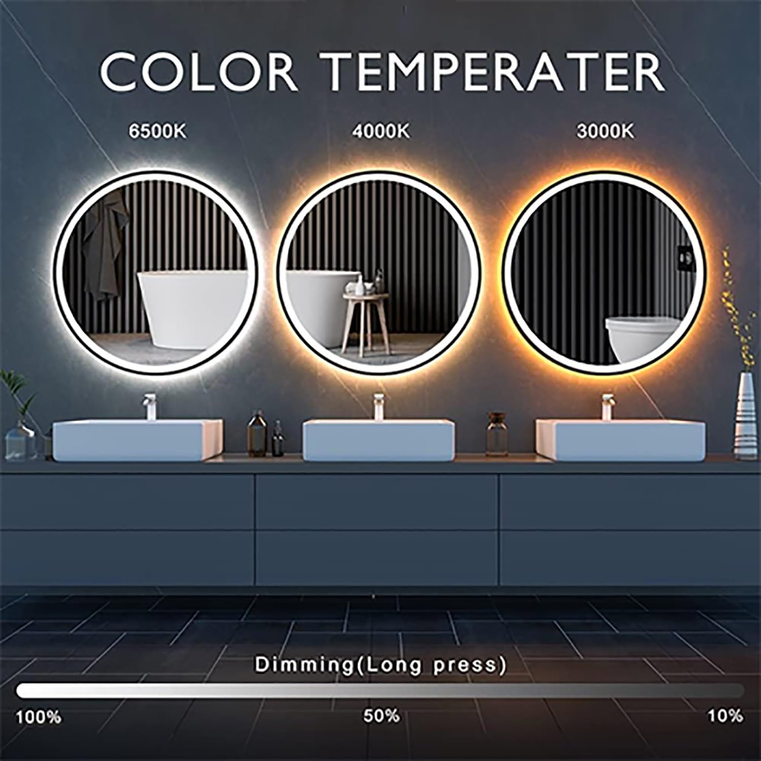 Specchio da Bagno LED Rotondo, Cornice Oro 80cm, Specchi Decorativi a LED Illuminato, Dimmerabile Specchio da Bagno con Antiappannamento(Black,90x90cm)
