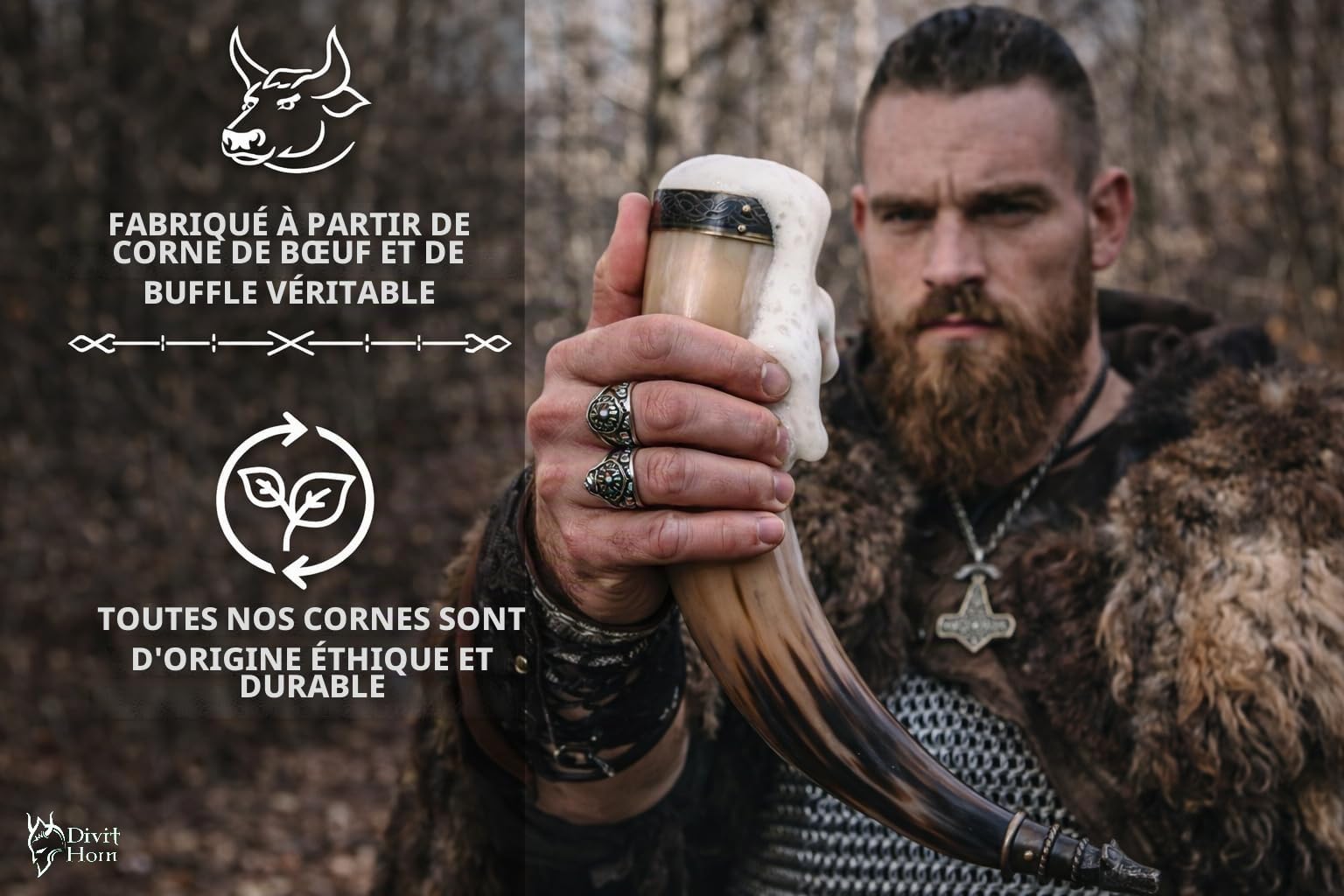 Corne à boire Viking avec support en fer véritable Divit | Ornements en laiton et sac-cadeau en toile de jute inclus | Corne de 13 ’’et capacité de 16 oz(450-500ml) (Wolf, Polished)