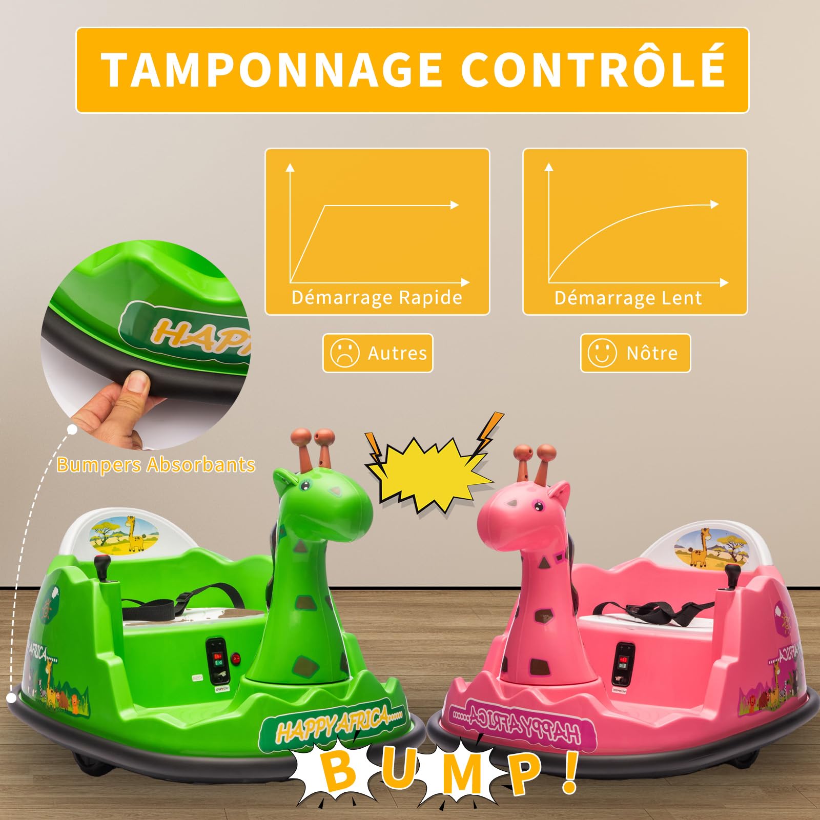 Garvee Autoscontro Elettrico per Bambini 6V Doppio Motore Design a Giraffa | Macchina Elettrica con Telecomando, Luci LED, Musica, Cintura di Sicurezza, Caricao 20 kg, per Bambini 2-5 Anni, Giallo