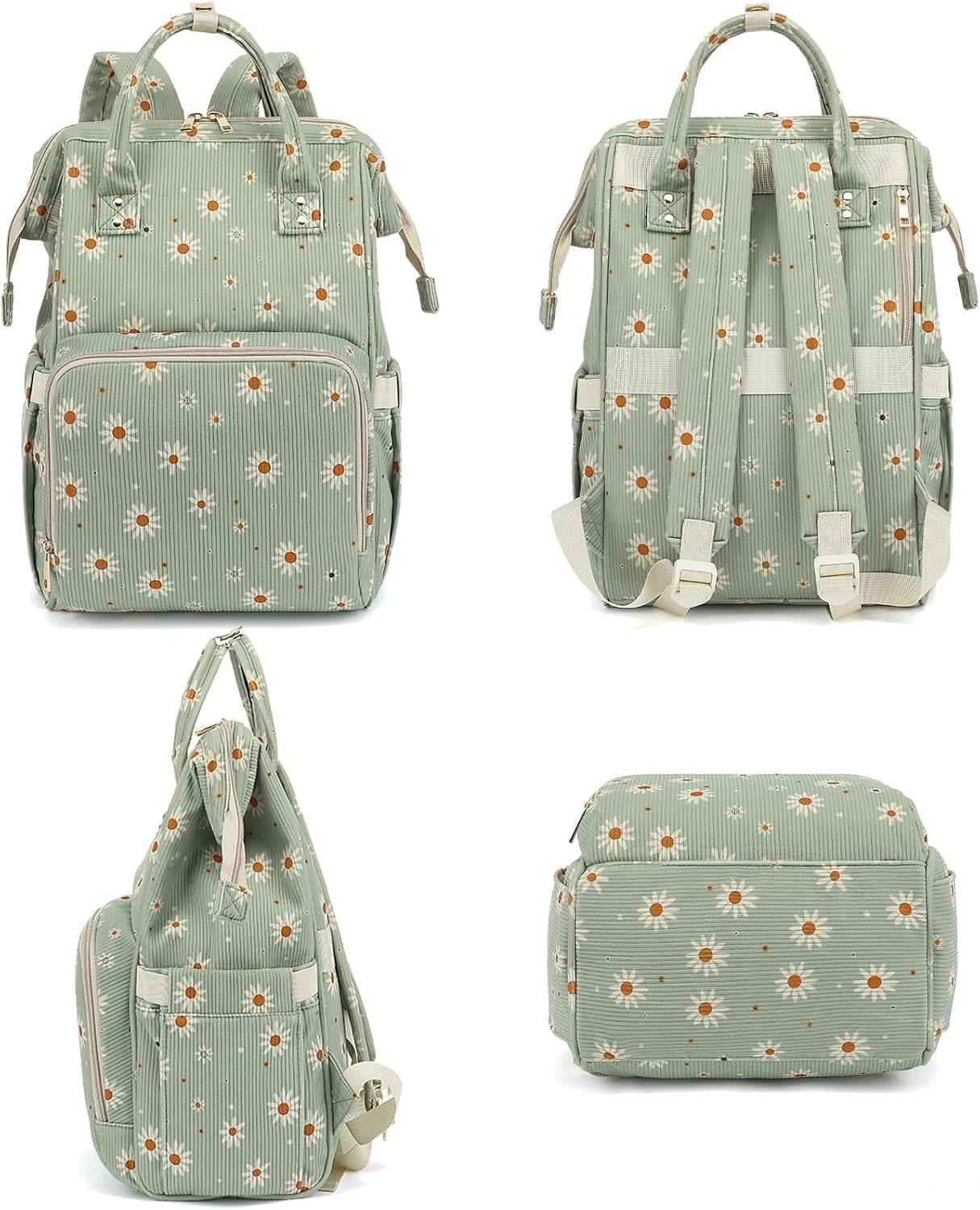 College Laptop Backpack, Travel Backpack for Women, Corduroy Casual Daypack, School Backpack Bookbag for Girls (Green Corduroy Daisy) - Image 7