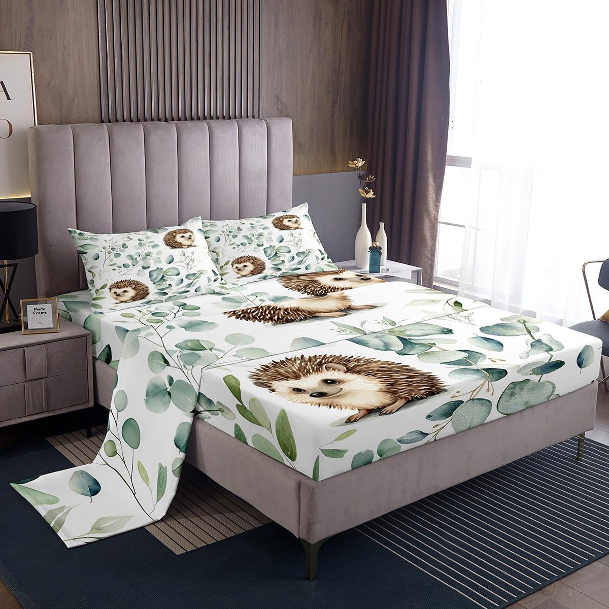 Erosebridal Cute Hedgehog Bed Sheets Set for Kids Child Green Eucalyptus Sheet Set, Woodland Animal Bedding Queen Size Botanical Plant Leaves Sheets, Cartoon Wildlife Bedding Set
