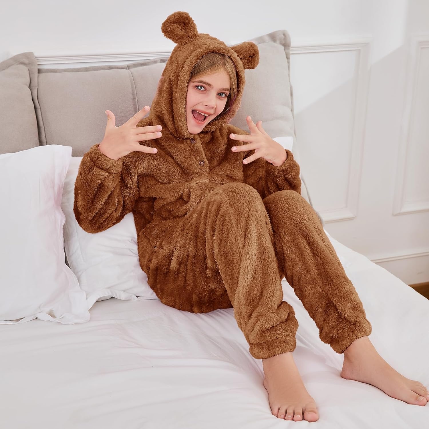 Flygo Girls 2 Piece Fuzzy Pants Sets Bear Ear Sweatshirt Hoodie Fleece Sweatpants Kids Fluffy Clothing Sets with Pockets - Image 5