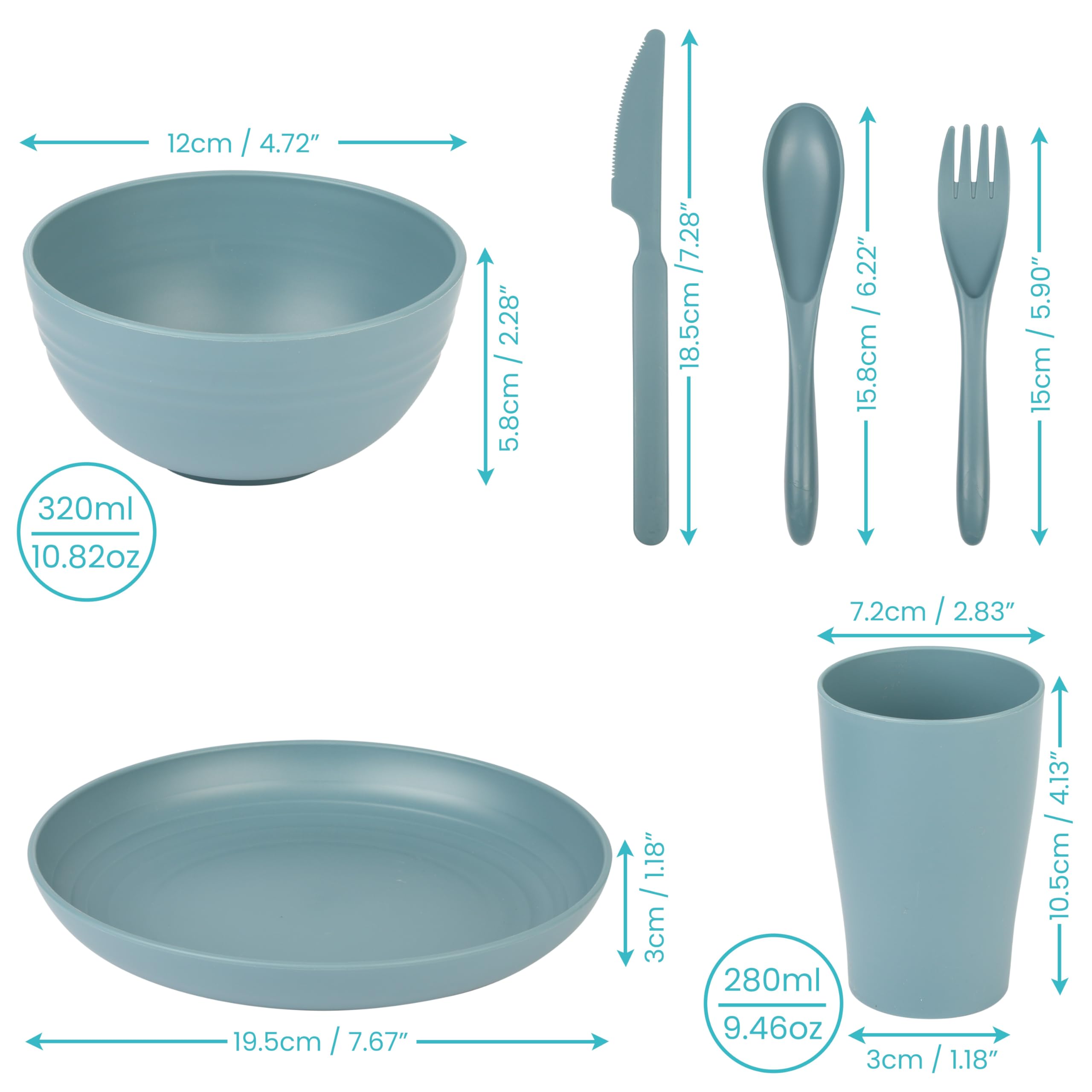 Belle Vous Kit Vaisselle Camping - Set Pique Nique 4 Pièces Plastique Reutilisable avec Assiette, Bol, Tasse et Couverts - Compatible Micro-Ondes et Lave-Vaisselle