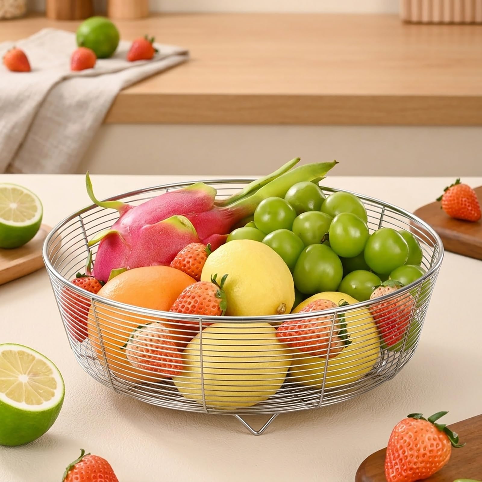 Steel Fruit Basket for Kitchen Counter, Ready to Use Wire Mesh Bowl Countertop Vegetable Bread Storage Display Organizer Stand(19x9.5cm)