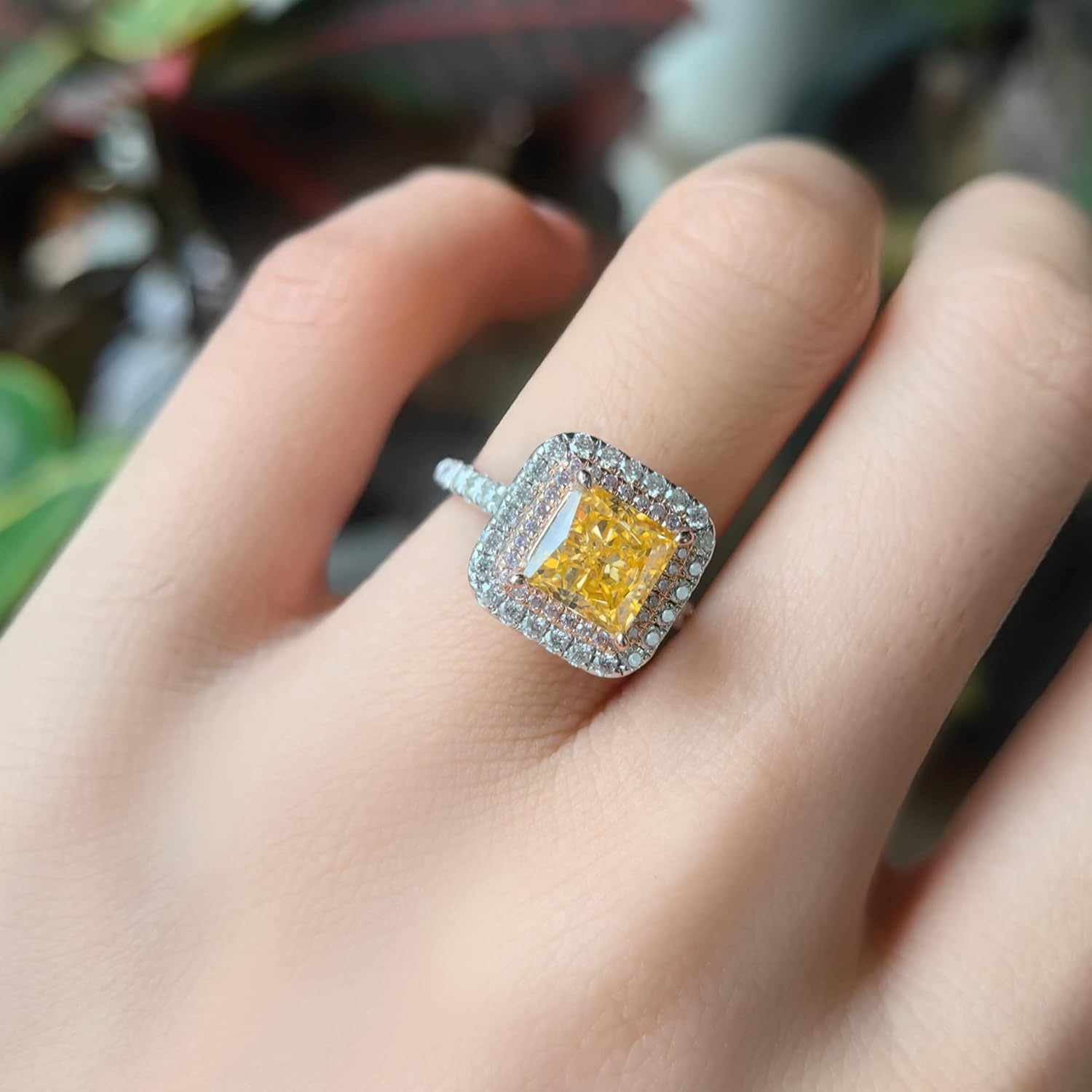 DovEggs 14k Gold QUALITY Silver Simulated Diamond Engagement Ring for Women 2ct Yellow Special Quality Crushed Ice Cushion Cut CZ Double Halo with Moissanite Accents Engagement Rings