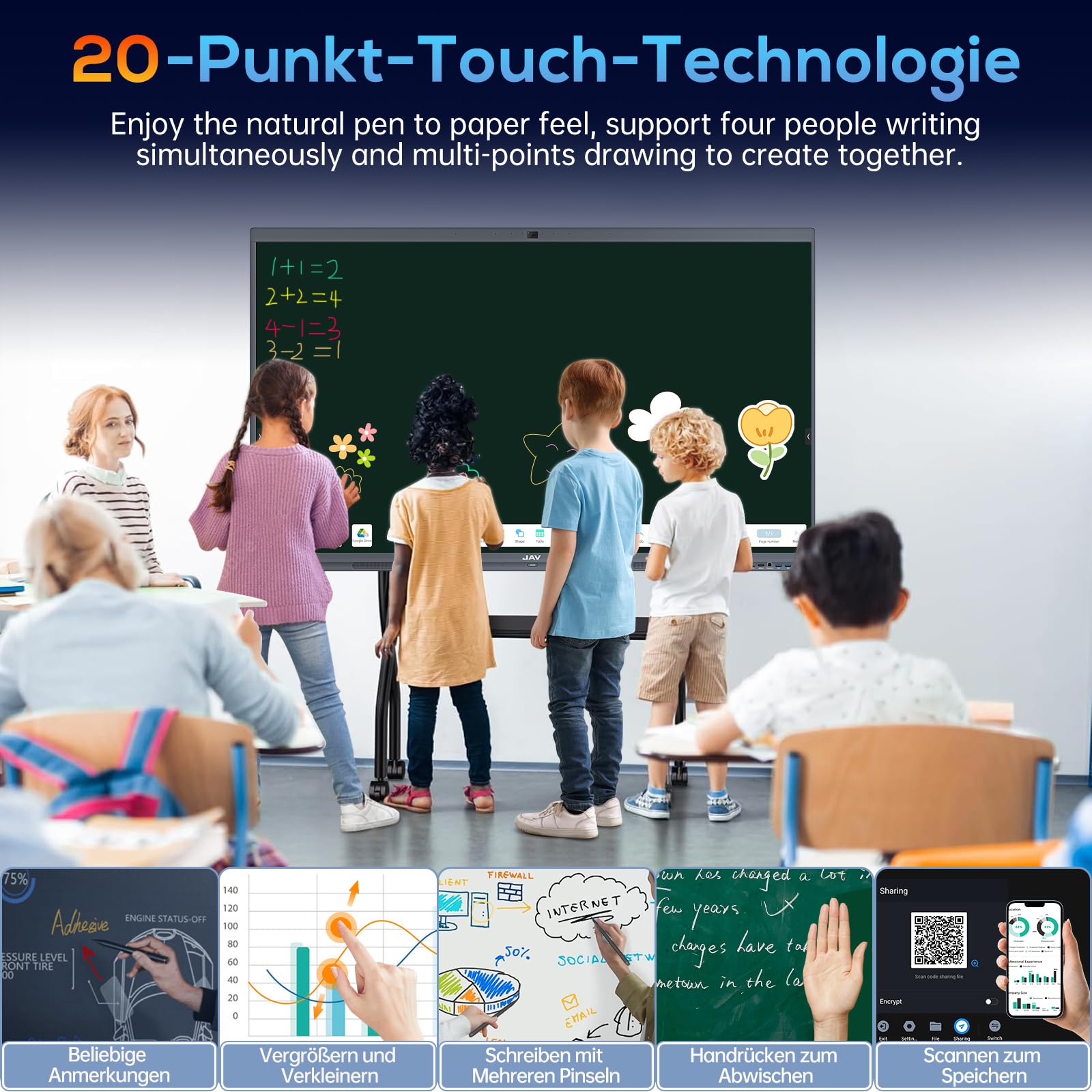 JAV Interaktives Whiteboard 65 Zoll Smart Board Touchscreen 4K UHD Android 14 Google EDLA Zertifiziert Digitale Whiteboard 8+128GB Eingebaute 48MP AI Kamera für Büro Schule (Inklusive Wandhalterung)