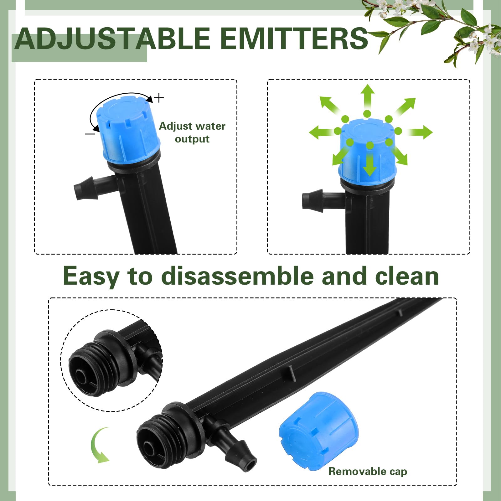 Rossesay Kit de riego por goteo de 200 piezas para tubos de 1/4 pulgadas, incluye 100 emisores de riego por goteo ajustables en forma de ventilador y 100 accesorios en T de púas conectores de púas