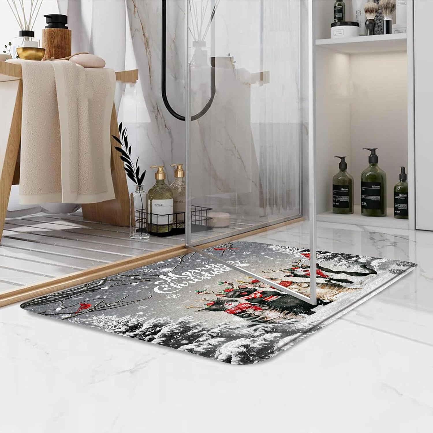 Christmas Cat Bath Mat Funny Kittern Xmas Tree Snowflake Winter Animal Gray Red Bathroom Kitchen Toilet Rugs,24x60 Inch