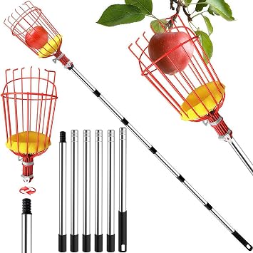 Fruit Picker, 2.7M Apple Picker with Telescopic Handle, Fruit Picker Tool with Lightweight Stainless Steel Connecting Pole and Basket, Fruit Grabber Easy to Assemble, Tree Picker for Orange Lemon Etc