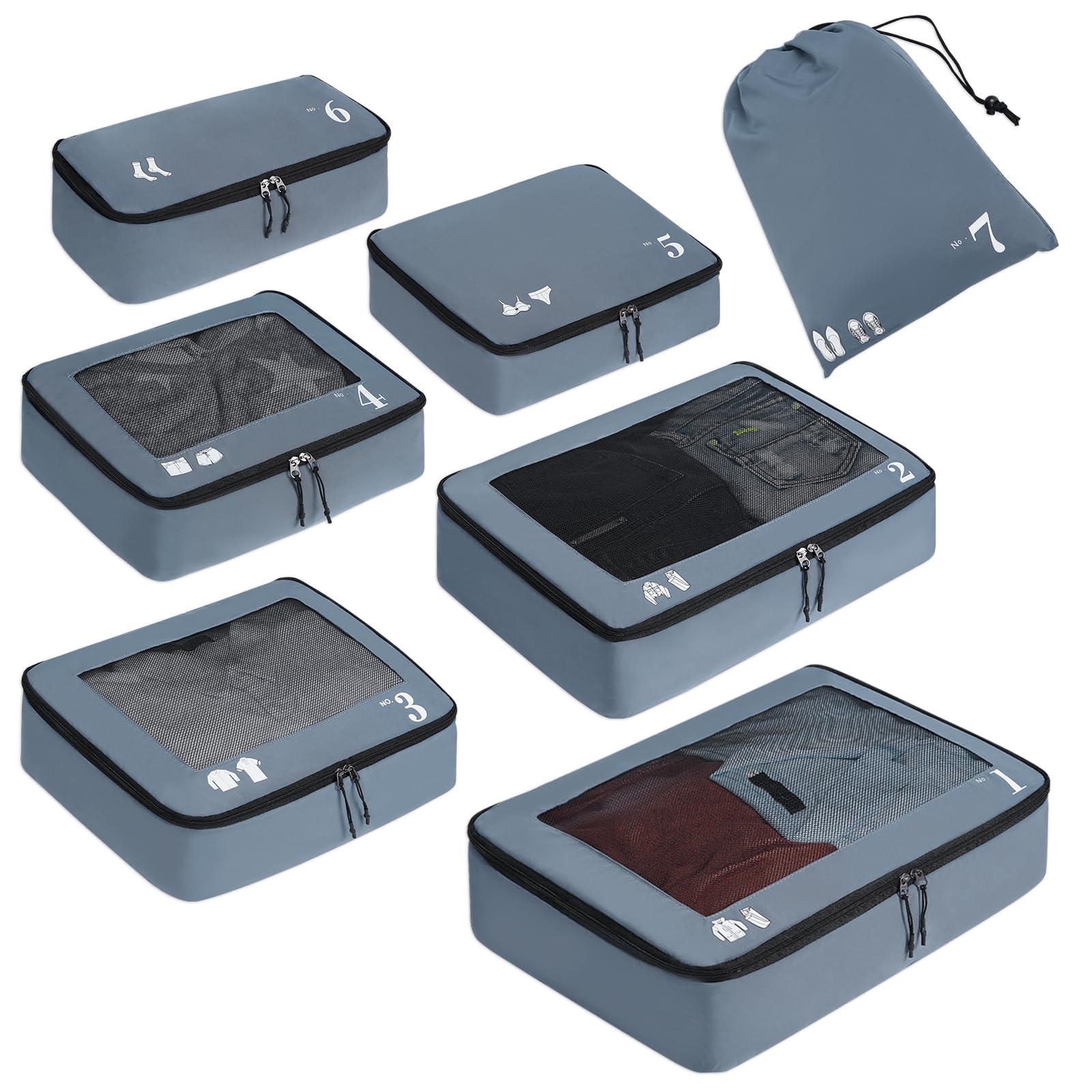 ECOHUB Organizador Maleta de 7 Piezas Packing Cubes de Resistente al Desgarro Organizador Mochila Ecológico Organizador de Viaje Organizador de Equipaje Cubos de Embalaje para Ropa, Zapatos (Gris)