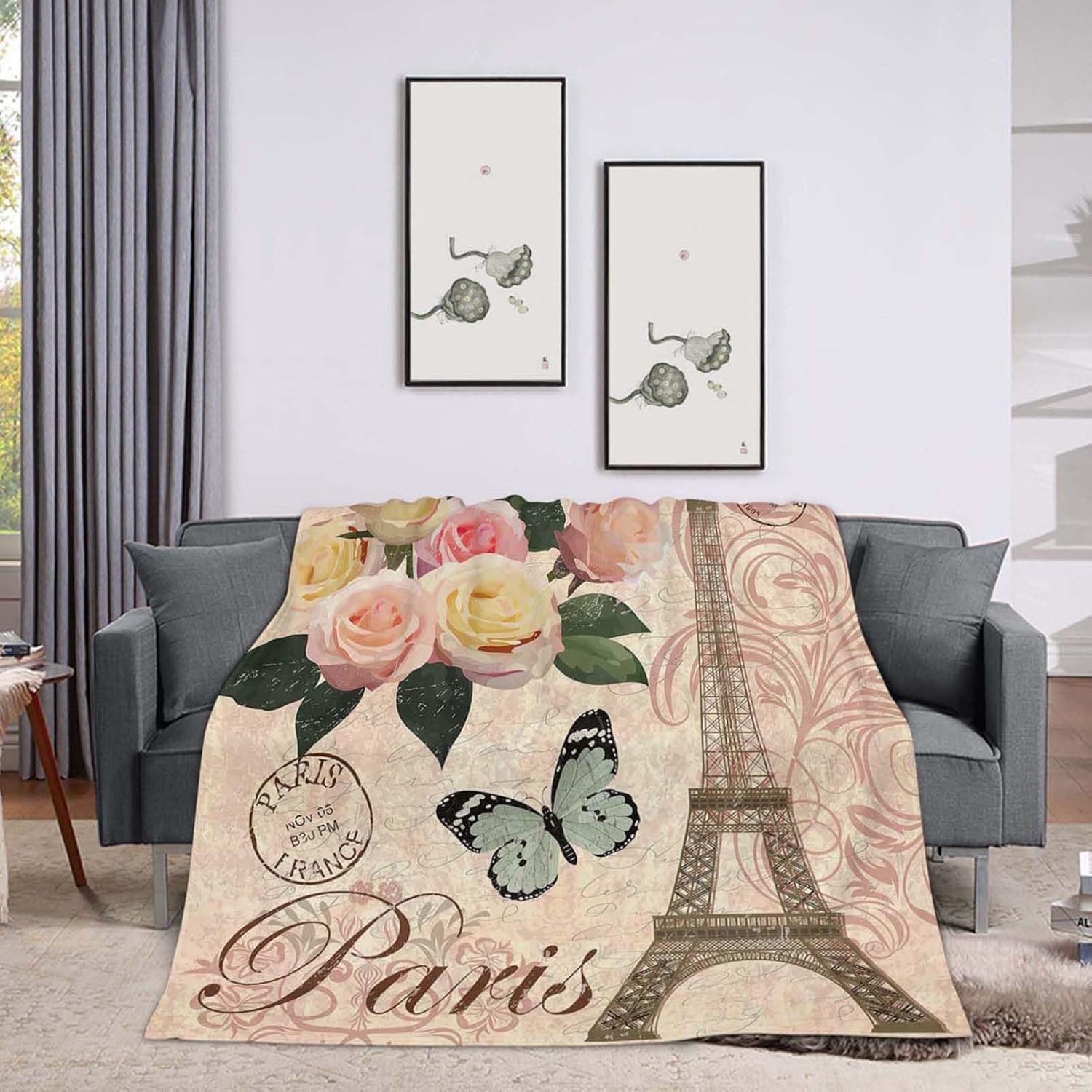 Throw Blanket 50x60 Inch,Vintage Paris Flower Eiffel Towel Rose Cozy Soft Lightweight Fuzzy Flannel Blanket 60x50 Inch Suitable for Couch Bed Sofa Living Room in All Seasons