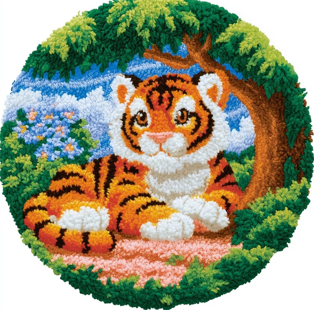 kitphoenix Round Shape Latch Hook Kits Rug Tiger Under A Tree 20X20Inch (50X50Cm) DIY Cushion Rug Carpet Making Crochet Hook Kits Preprinted Pattern Canvas Cushion Arylic Yarn Hooking Kits Mat Kits