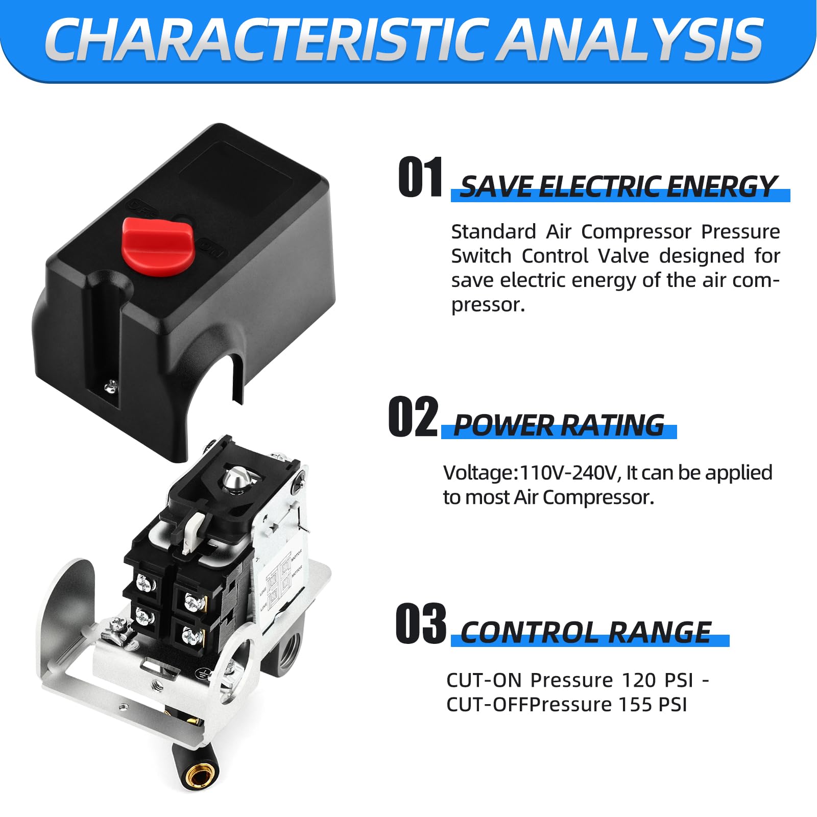 MEANLIN MEASURE Valvola di controllo del pressostato del compressore d'aria 8.3~10.7 BAR 110V-240V Ricambi per porta laterale a 4 vie con regolatore del compressore d'aria e valvola di sicurezza