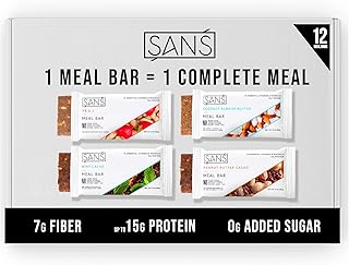 SANS Meal Replacement Protein Bar, Gluten Free, Healthy High Protein Snacks, High Fiber, No Sugar Added, Dairy Free, Soy Free, Variety Pack, 12 Bars