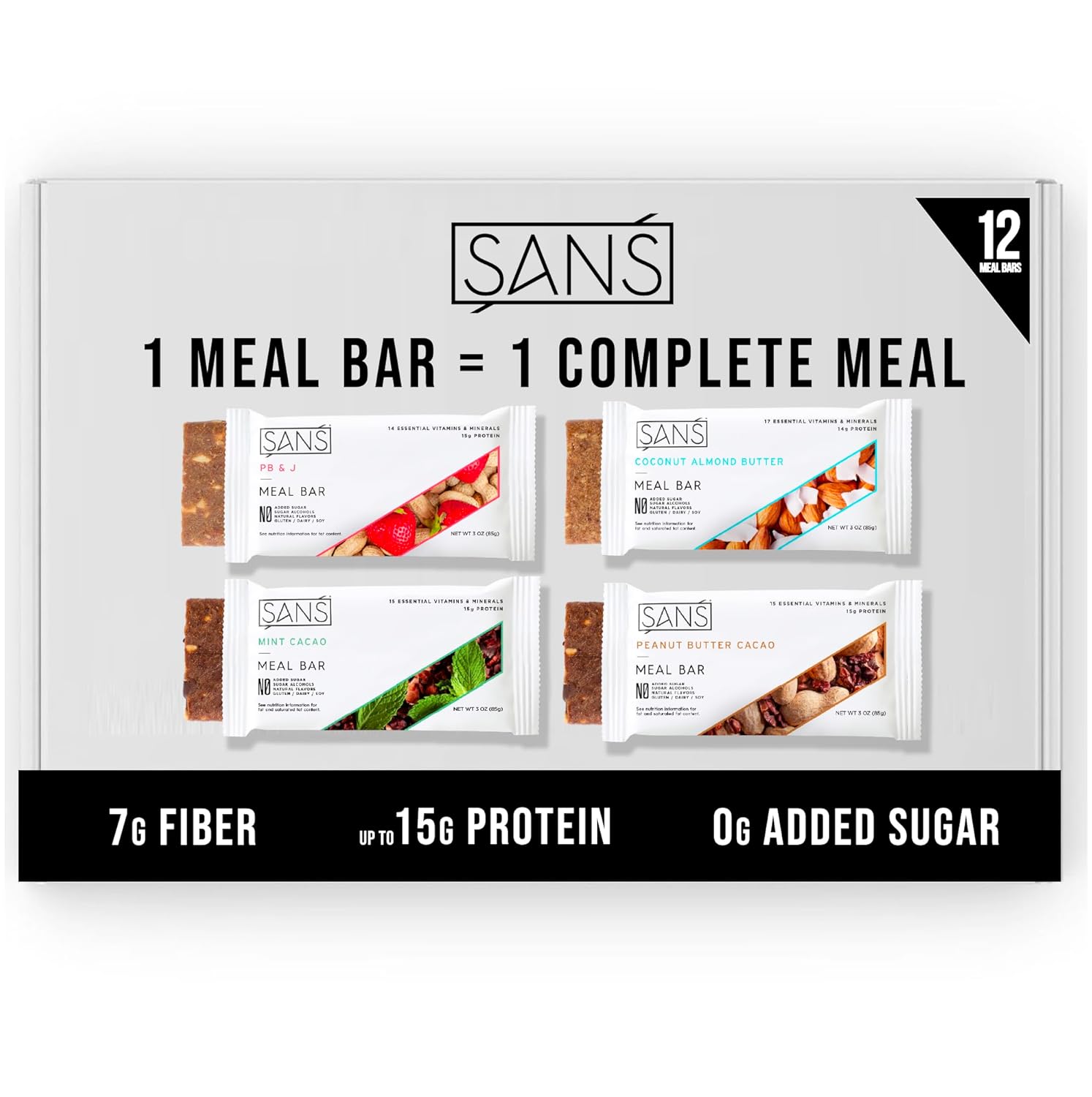 SANS Meal Replacement Protein Bar, Gluten Free, Healthy High Protein Snacks, High Fiber, No Sugar Added, Dairy Free, Soy Free, Variety Pack, 12 Bars