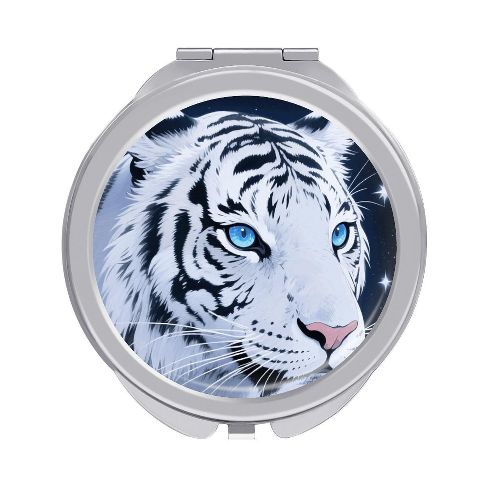 FodPand Compact Hand Mirror with 1x/2x Magnifying Round Travel Makeup Mirror Mini Foldable Tiger and Moon Cosmetic Mirrors Travel Essentials Gift for Women Girl Portable for Pocket Purse -Silver
