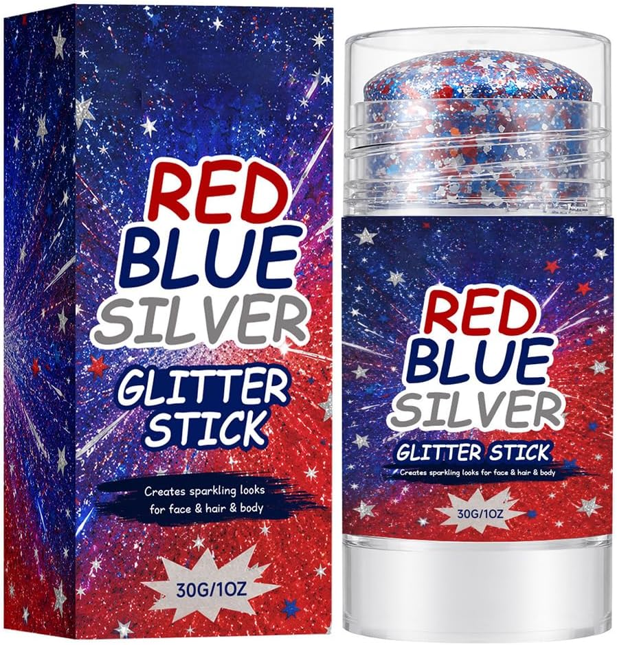 4th of July Glitter Stick, 2026 New Patriotic Red White and Blue Makeup Stick,Long Lasting Shiny,Portable Roll-On for Face Cheekbone Hair Party Cosmetic, 30g
