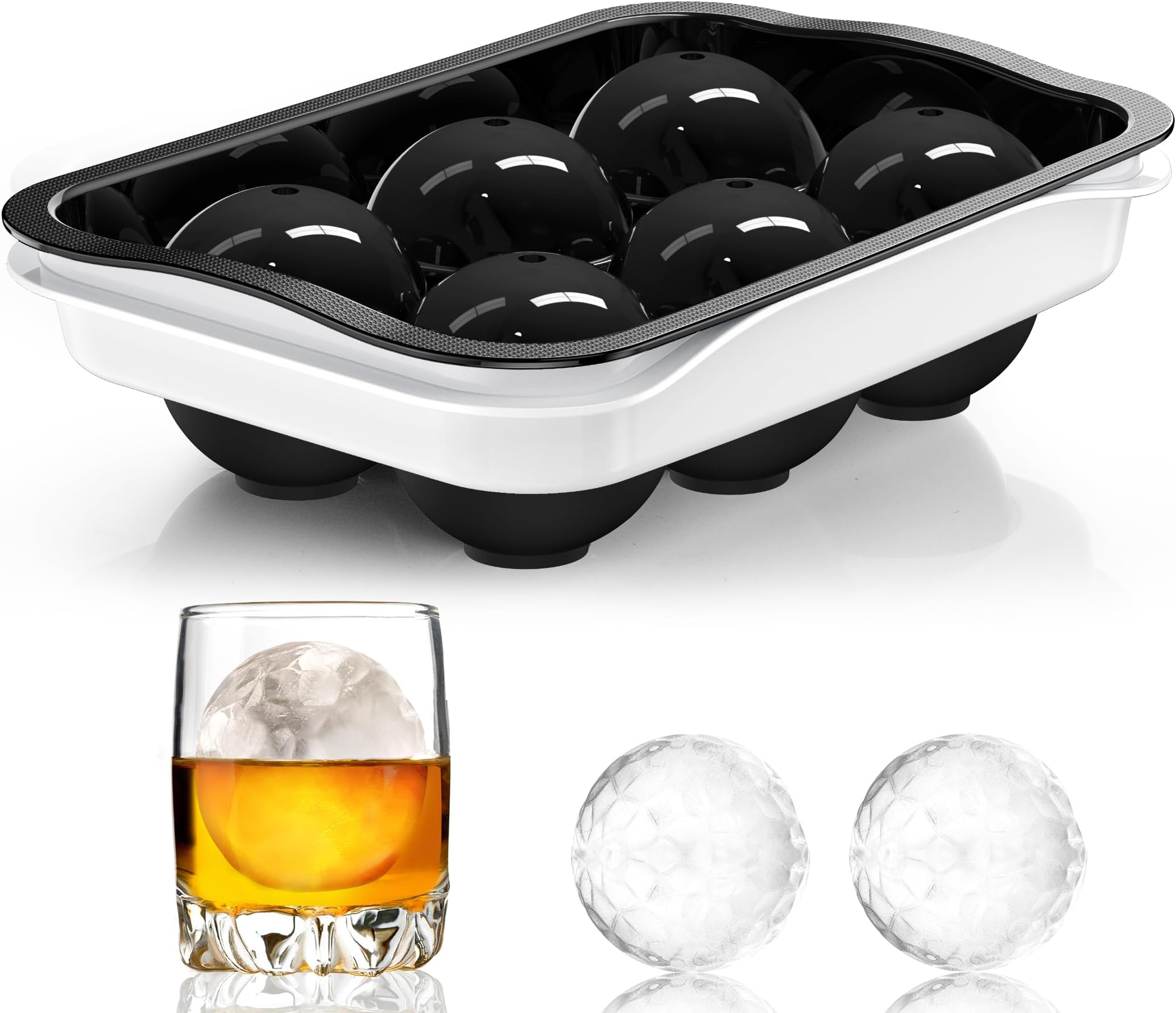 Round Ice Cube Mold with Lid - 2.2 Inch Sphere Ice Ball Maker, Large Whiskey Ice Cubes Mold with Easy Release, Reusable Silicone & Plastic Tray for Bourbon, Scotch, Brandy, Cocktails, Gift