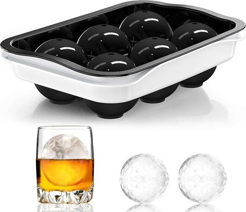 Molde redondo para cubitos de hielo con tapa, máquina para hacer bolas de hielo de whisky grande de 2,2 pulgadas | Bandeja de plástico y silicona reutilizable de fácil liberación, perfecta para bourbon, whisky escocés, brandy, cócteles y regalos. Hace 6 esferas de hielo