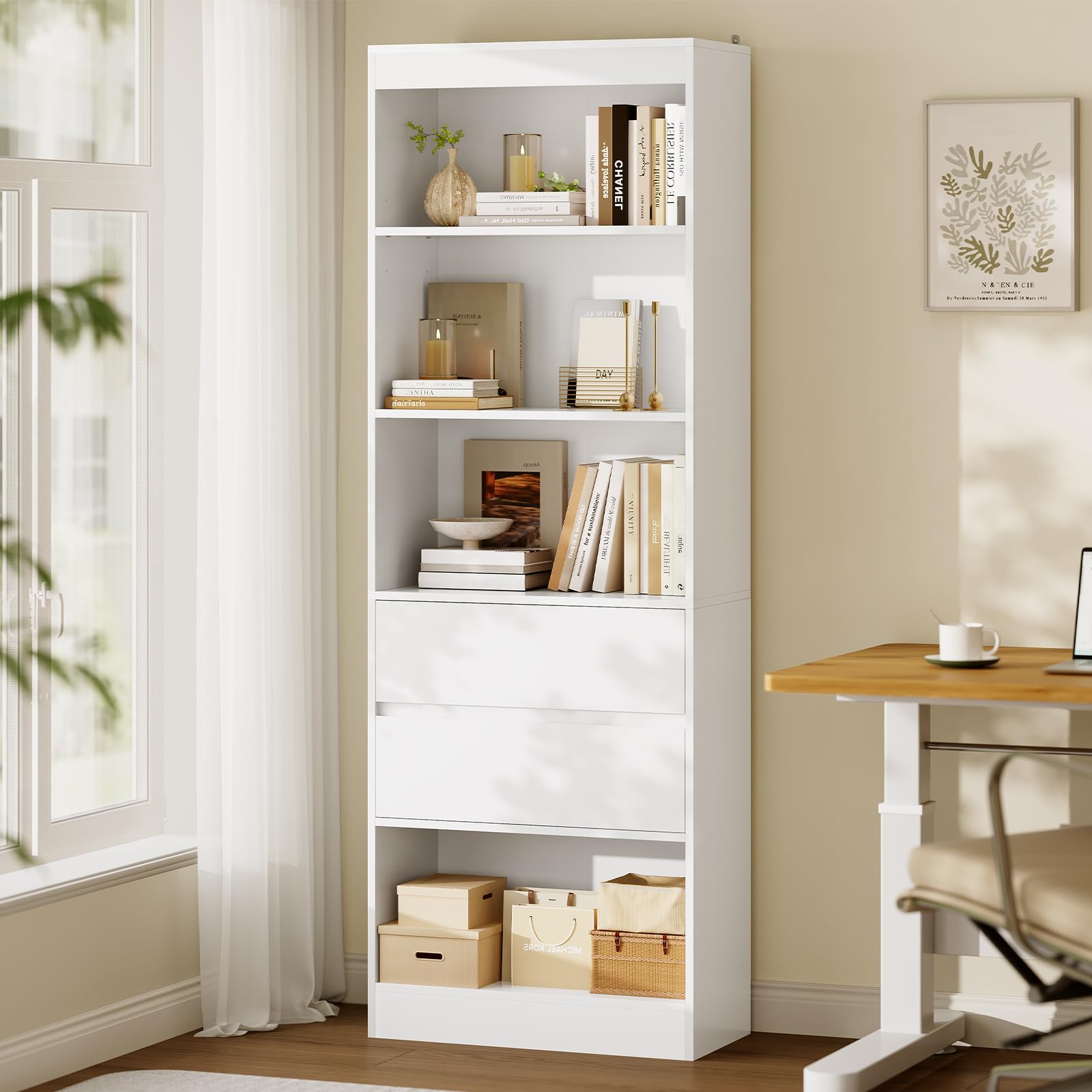 Bibliothèque, Meuble de Rangement avec 2 Grands Tiroirs et 4 Compartiments, Colonne Polyvalente avec Étagère Réglable, pour Salle de Bain, Salon, Cuisine,Facile à nettoyer, 180x60x24 CM,Blanc