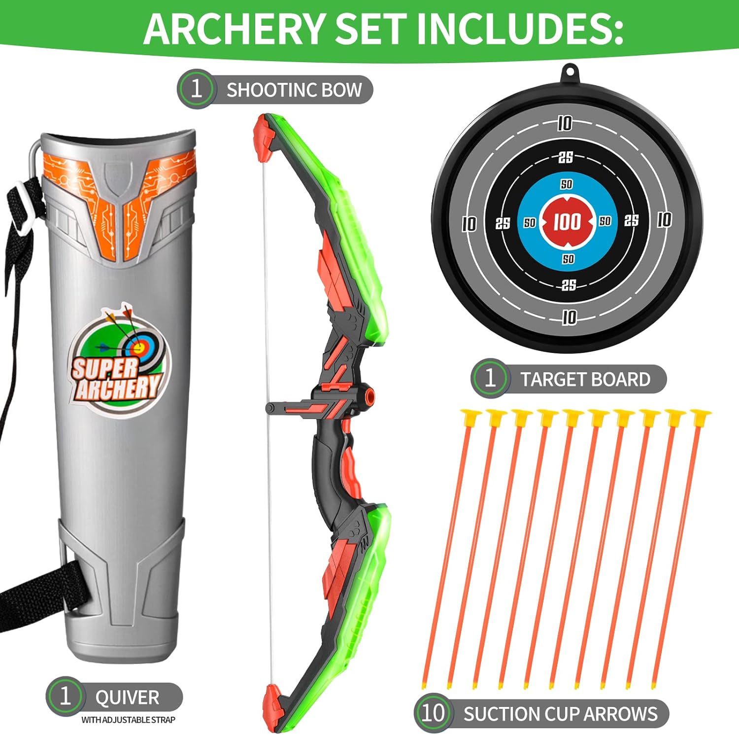 SmartChef Bow and Arrow for Kids with LED Flash Lights - Kids Archery Set Includes 10 Suction Cups Arrows, Target, and Quiver - for 3 4 5 6 7 8 Year Old Boys Girls (Green) : Sports & Outdoors