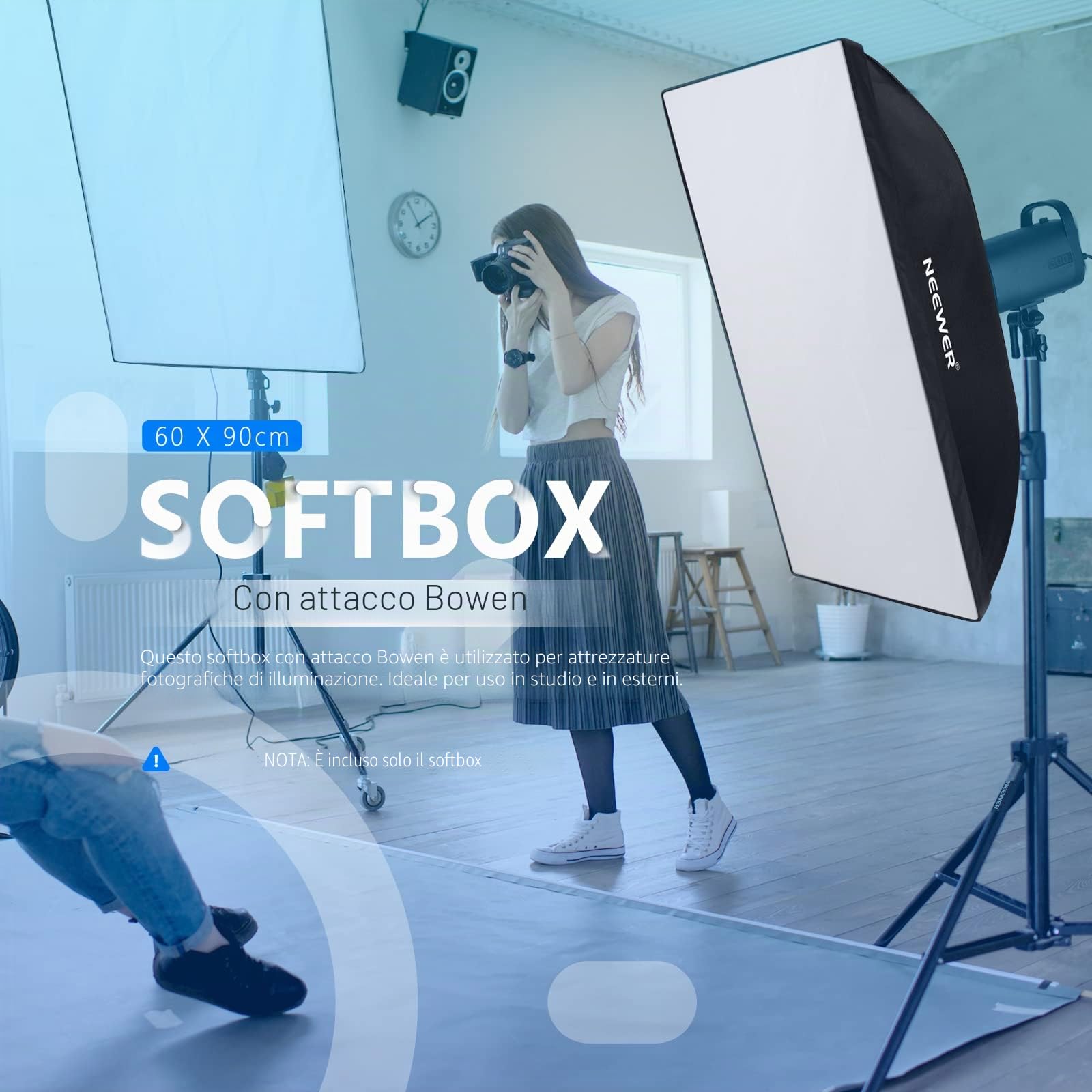 NEEWER Softbox Rettangolare 60x90cm, Softbox Studio Monolight con Supporto Bowens, Diffusore e Borsa per il Trasporto, Compatibile con S101-400W/300W, SL-70W, CB60/100/150