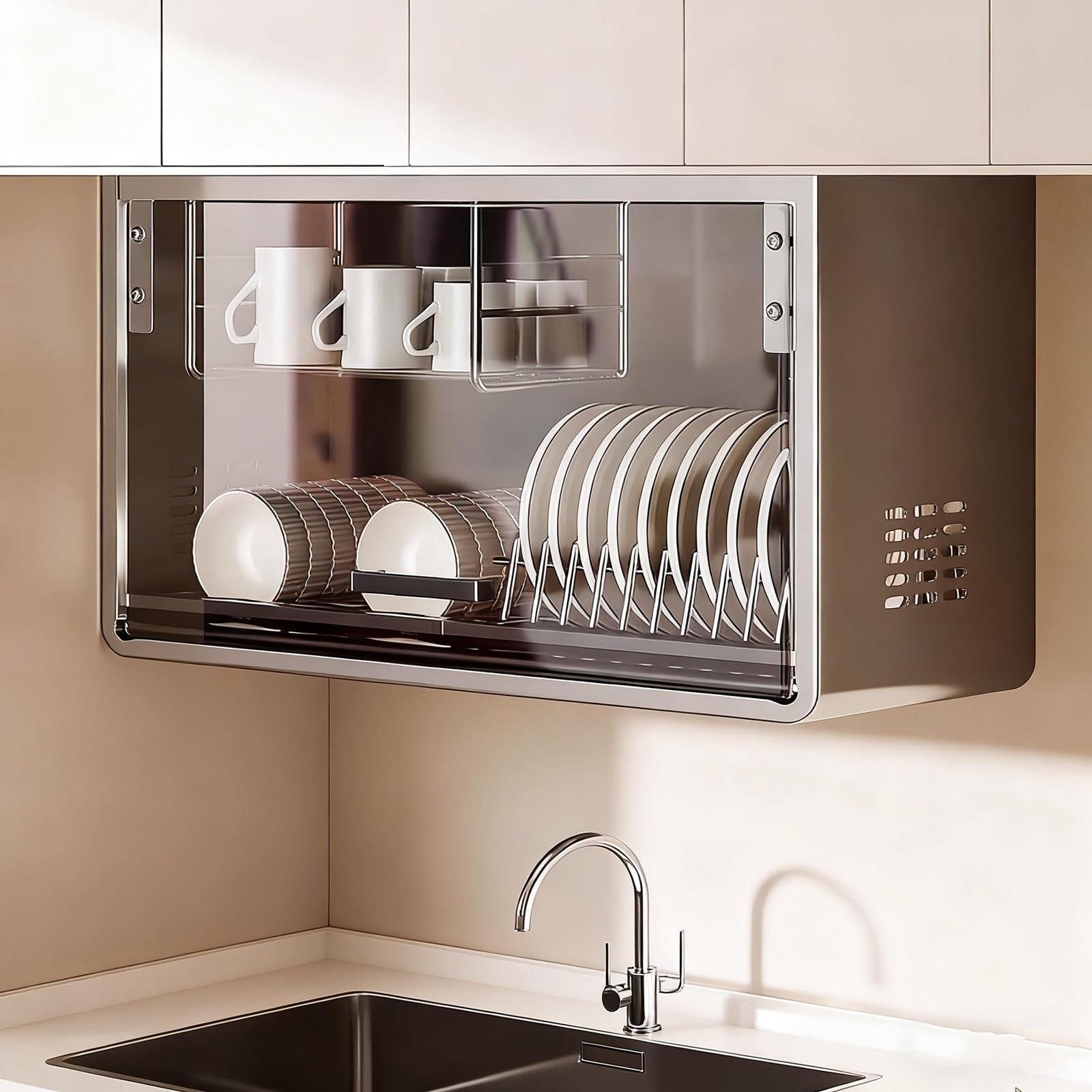 Scolapiatti a parete in acciaio inox con porta in vetro, portapiatti a parete con vassoio di scarico, portapiatti multifunzionale, non richiede montaggio(Gray)