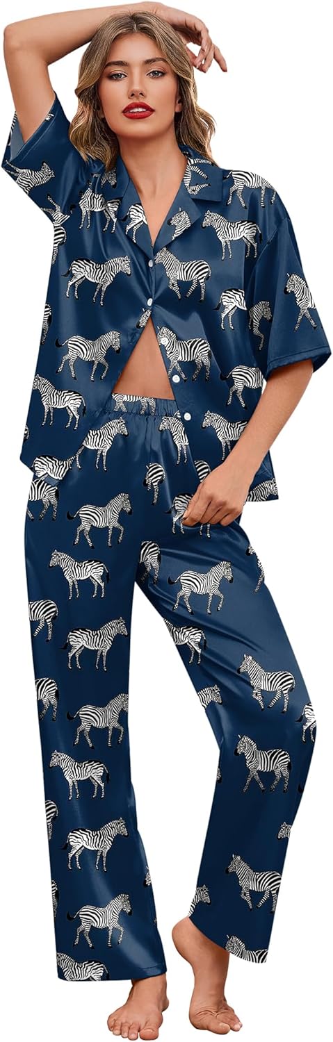 Ekouaer Silk Satin Pajamas Set Women Short Sleeve Pj Sets Button Down Sleepwear 2 Piece Soft Loungewear S-XXL