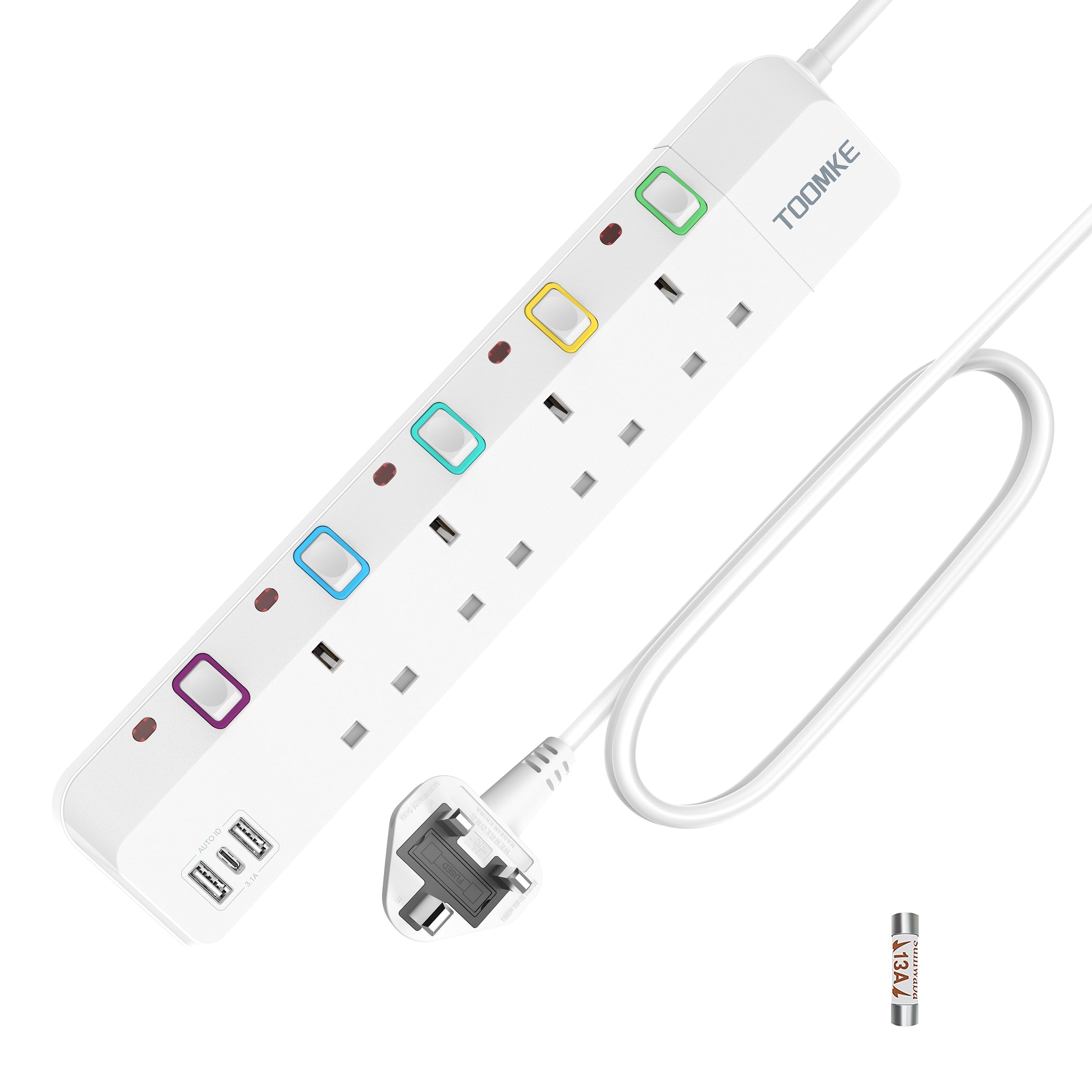 Extension Lead with USB Slots, Toomke 4 Way Plug Extension Socket with 2 USB-A and 1 USB-C, Mountable Power Strip with Individual Switches, UK Plug Socket 1.5m Extension Cord 13A 3250W — view 9