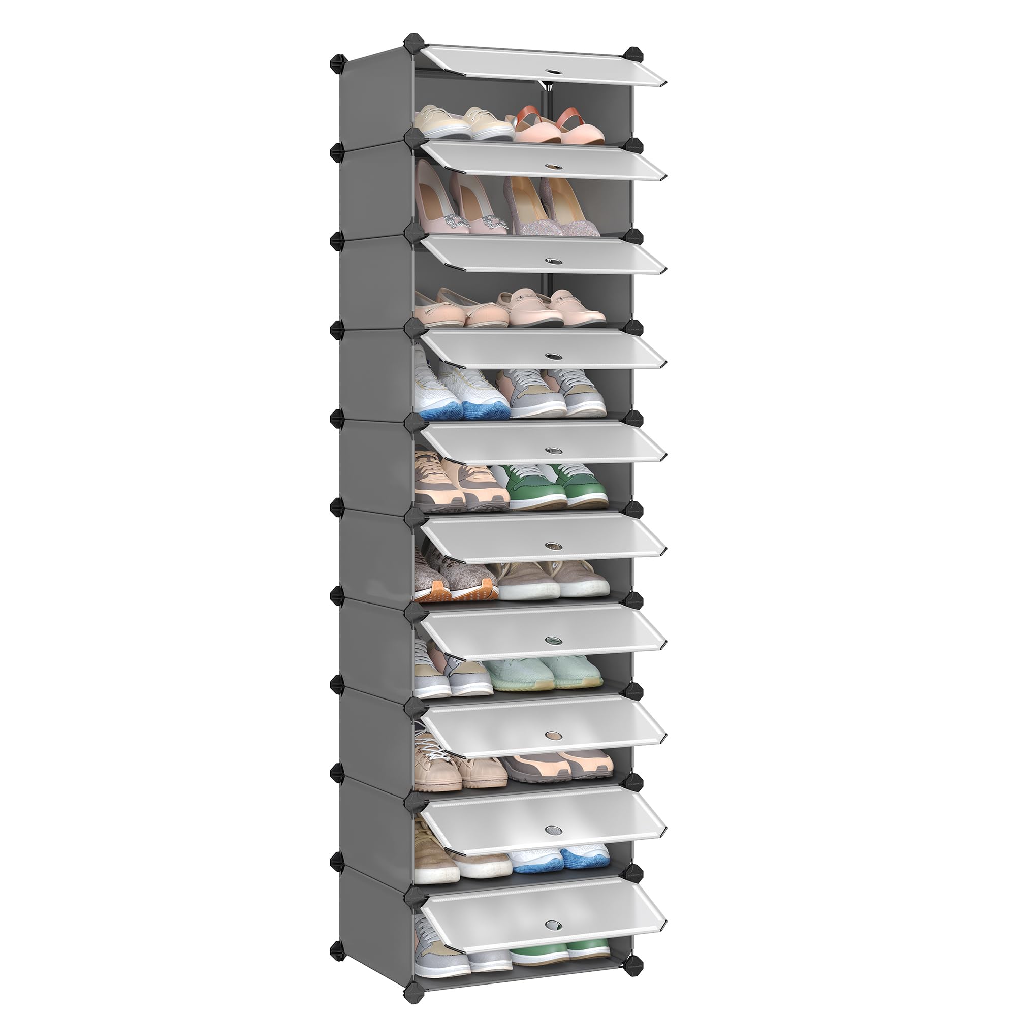 SONGMICS Schuhregal, Steckregal, Regalsystem, Schuh-Organizer, DIY-Regal, mit Tür, aus PP-Kunststoff, 10 Ebenen, 2er Set, grau LPC010G02