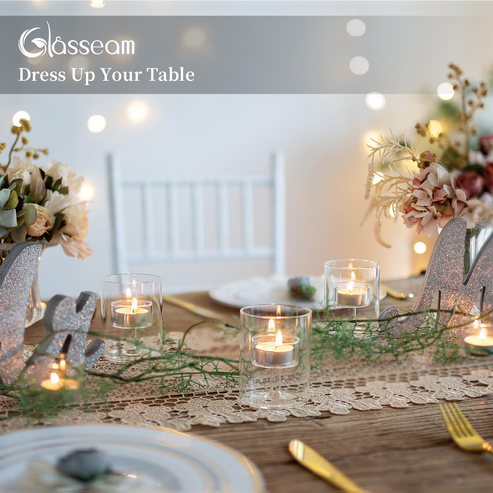 Glasseam Zylinder Teelichthalter Glas für Votivkerzen, 24 Stück | Für Teelichter Ø4.5 cm, DIY-Projekt, Kombiniert Zylinderglas mit Kelchen, Hochzeit Tischdeko, Weihnachten, Partylite