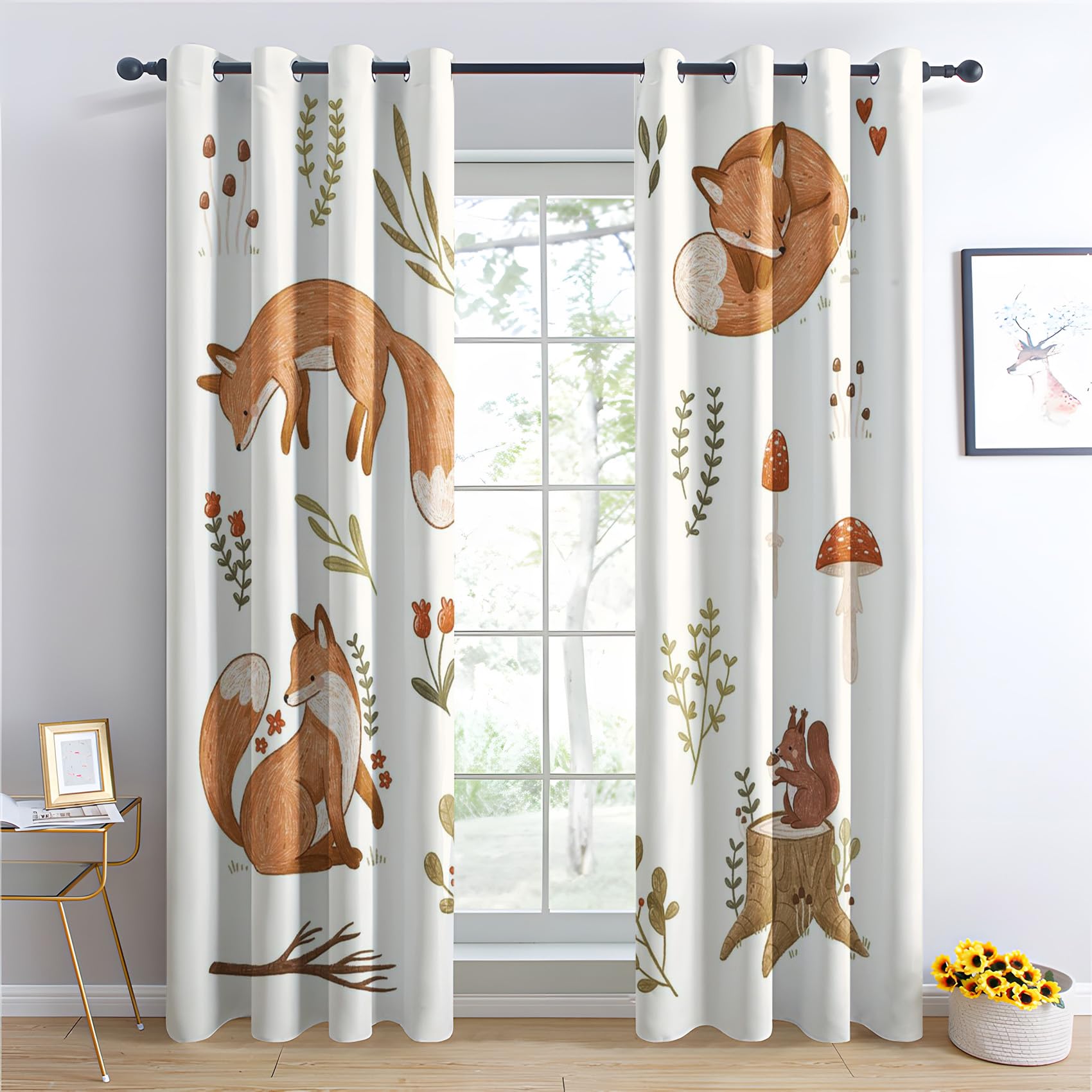 Rideau Occultant Thermiques Enfant Renard - Lot de 2 Rideaux Imprimé pour Salon Chambre Fenetre Cuisine, Rideaux et Draperies Intérieurs à Oeillets, 117x137 cm (LxH)