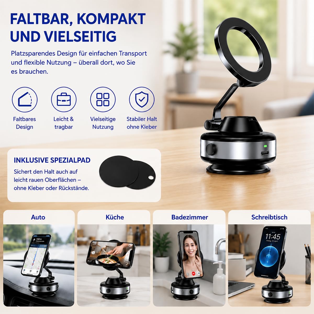 Snapmount Handy Halterung, 2026 Neu Snapmount Handy Halterung Elektrisch, Selbstansaugende Auto Handyhalterung, 360° Drehbar Und Platzsparend Faltbar, Universell, Anti - Rutsch (Schwarz+Silber)